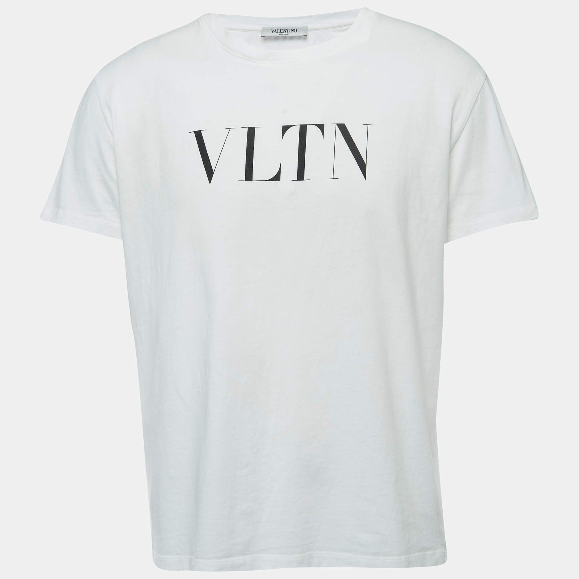 Pre Owned Valentino White Logo Print Cotton Crew Neck Half Sleeve T-Shirt M
