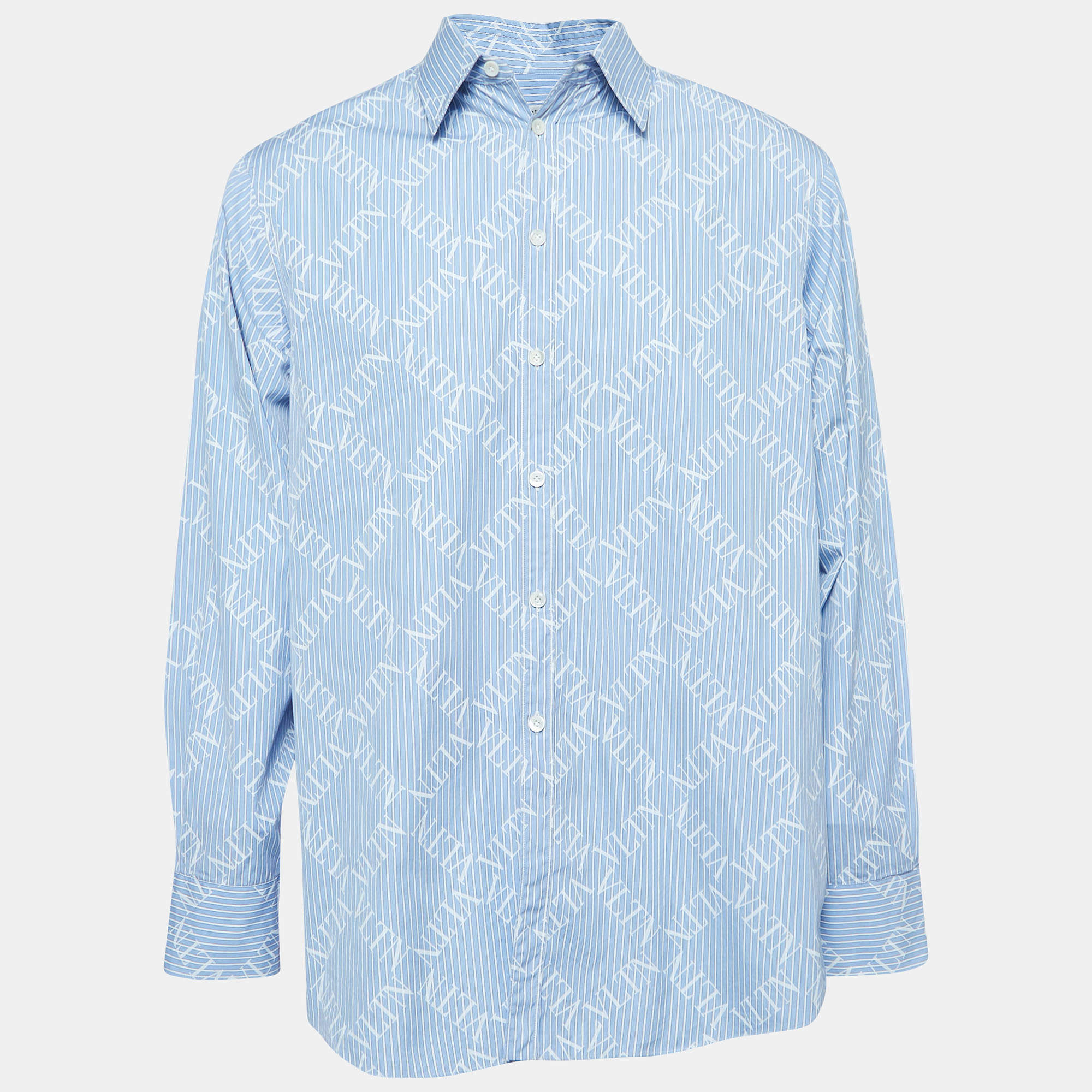 Pre Owned Valentino Blue Striped Logo Printed Cotton Long Sleeve Shirt M