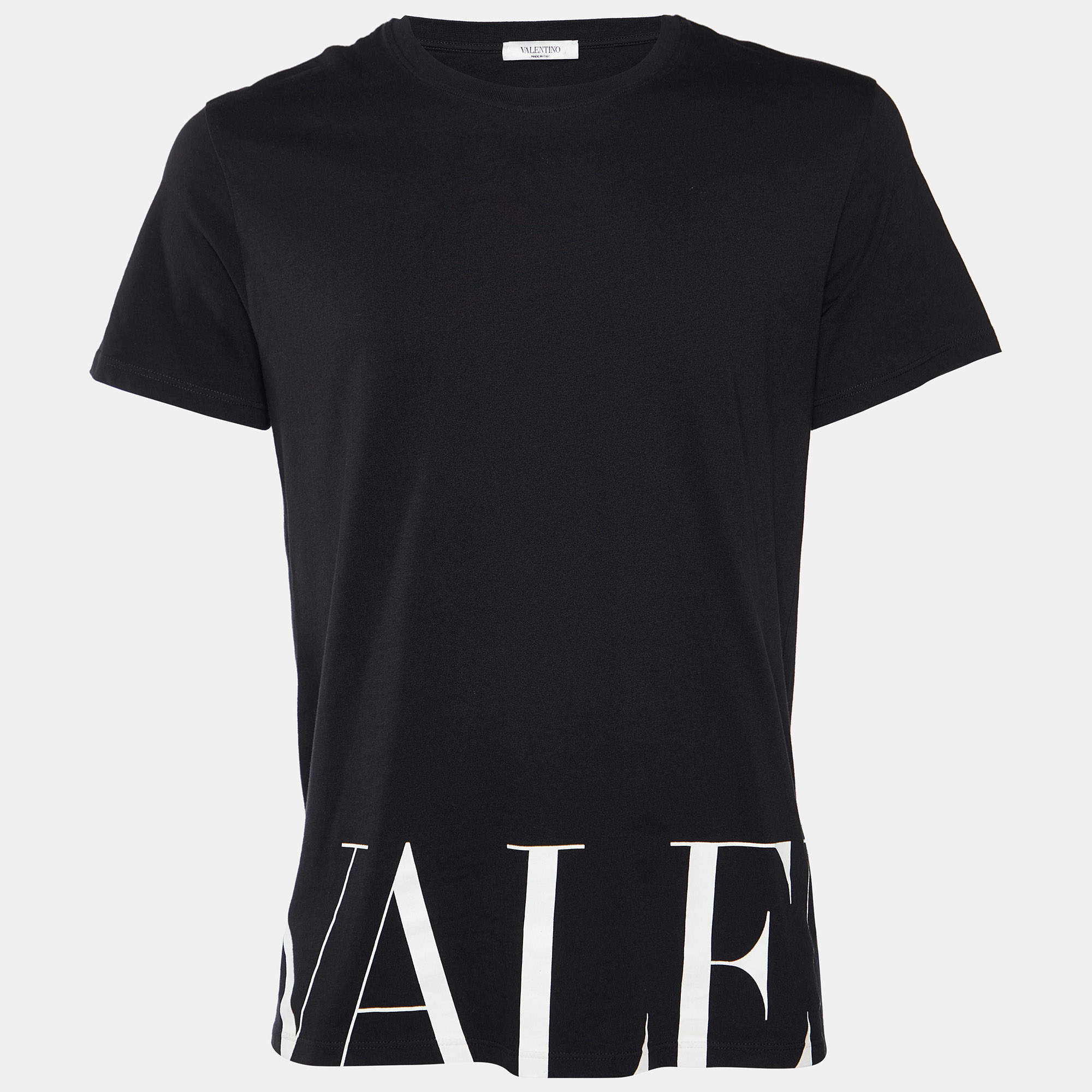 Pre Owned Valentino Black Logo Print Cotton Crew Neck T-Shirt L