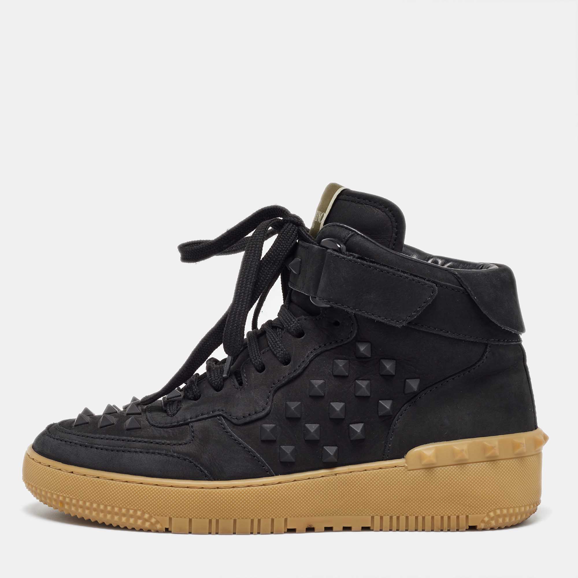 Pre Owned Valentino Black Nubuck Leather Rockstud Mid Top Sneakers Size 40
