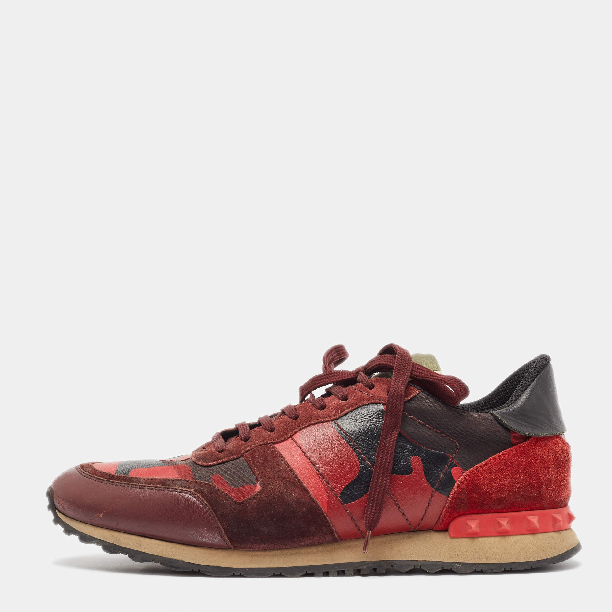 Valentino Red Camouflage Leather and Canvas Rockrunner Sneakers Size 45