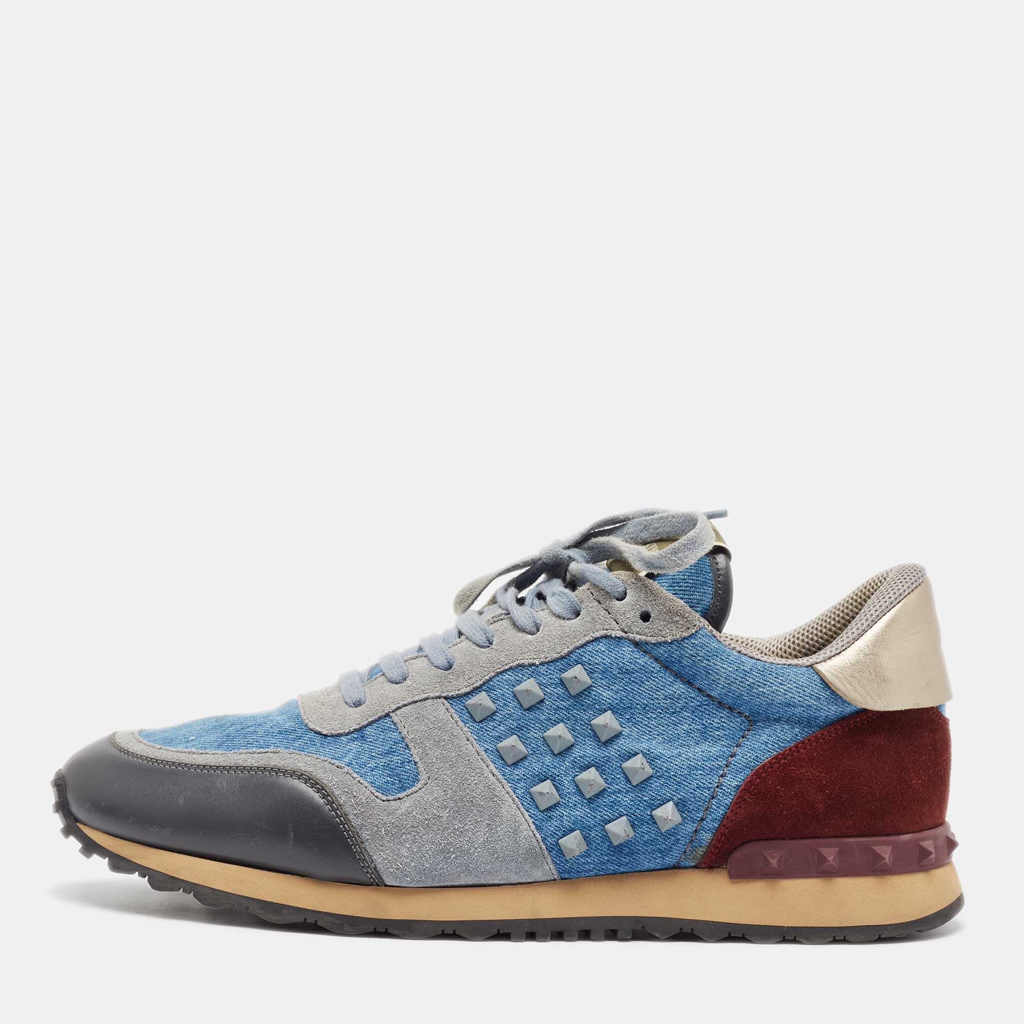 Pre Owned Valentino Multicolor Denim and Leather Rockstud Lace Up Sneakers Size 45
