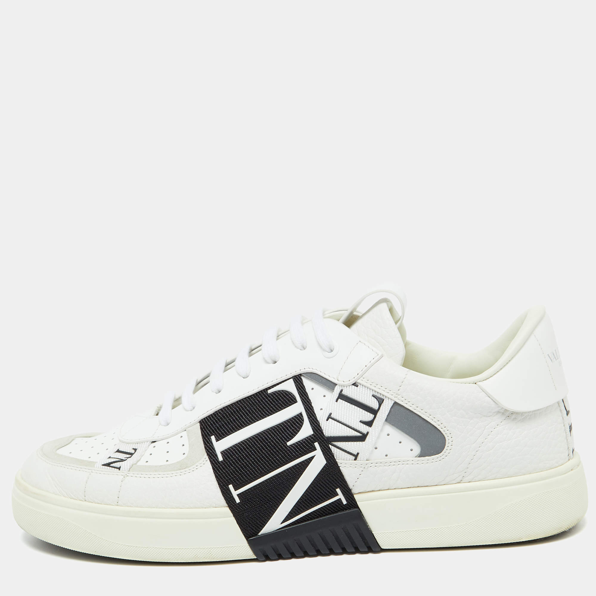 Pre Owned Valentino White/Black Leather VLTN Sneakers Size 44