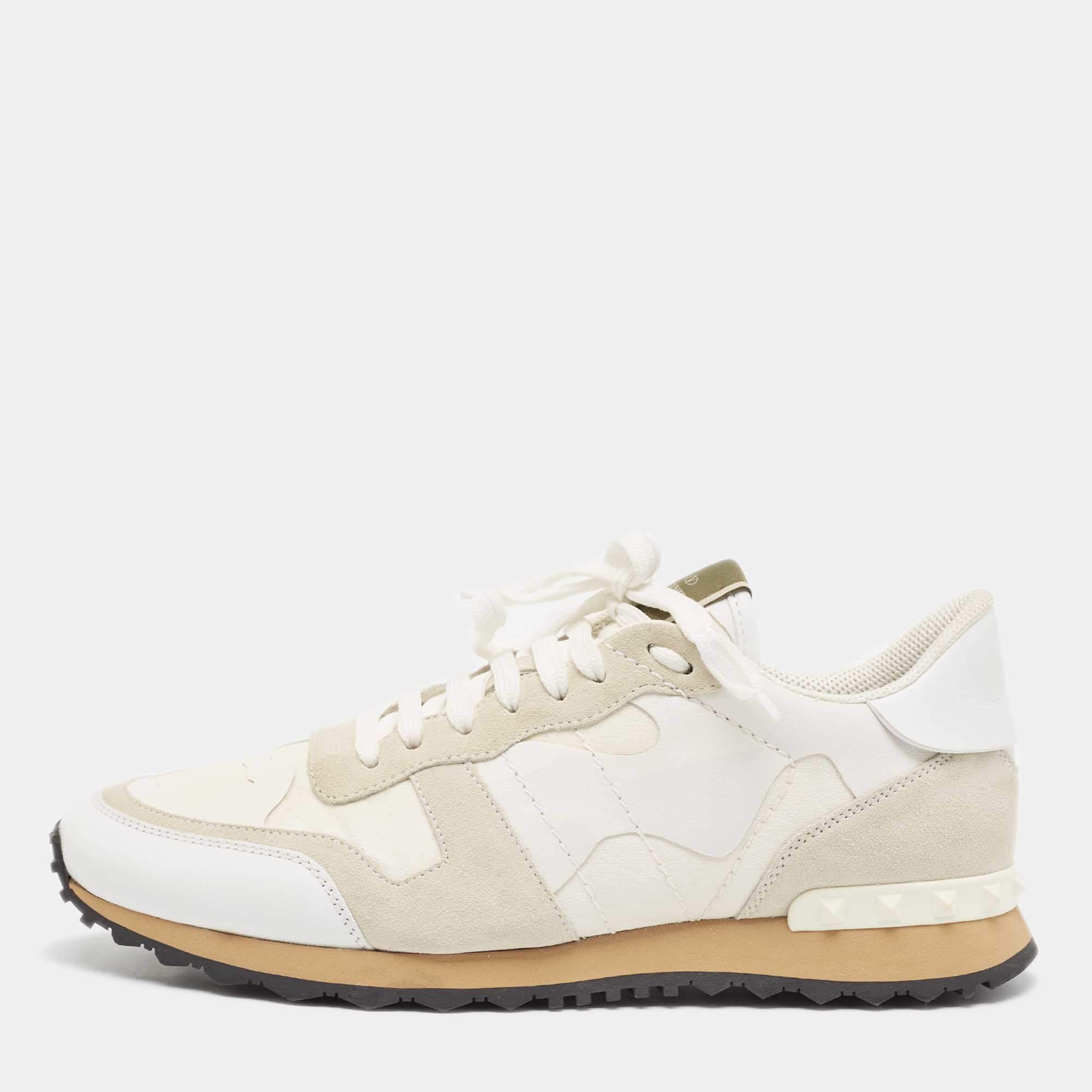 Pre Owned Valentino White Camo Print Canvas and Leather Rockrunner Sneakers Size 43