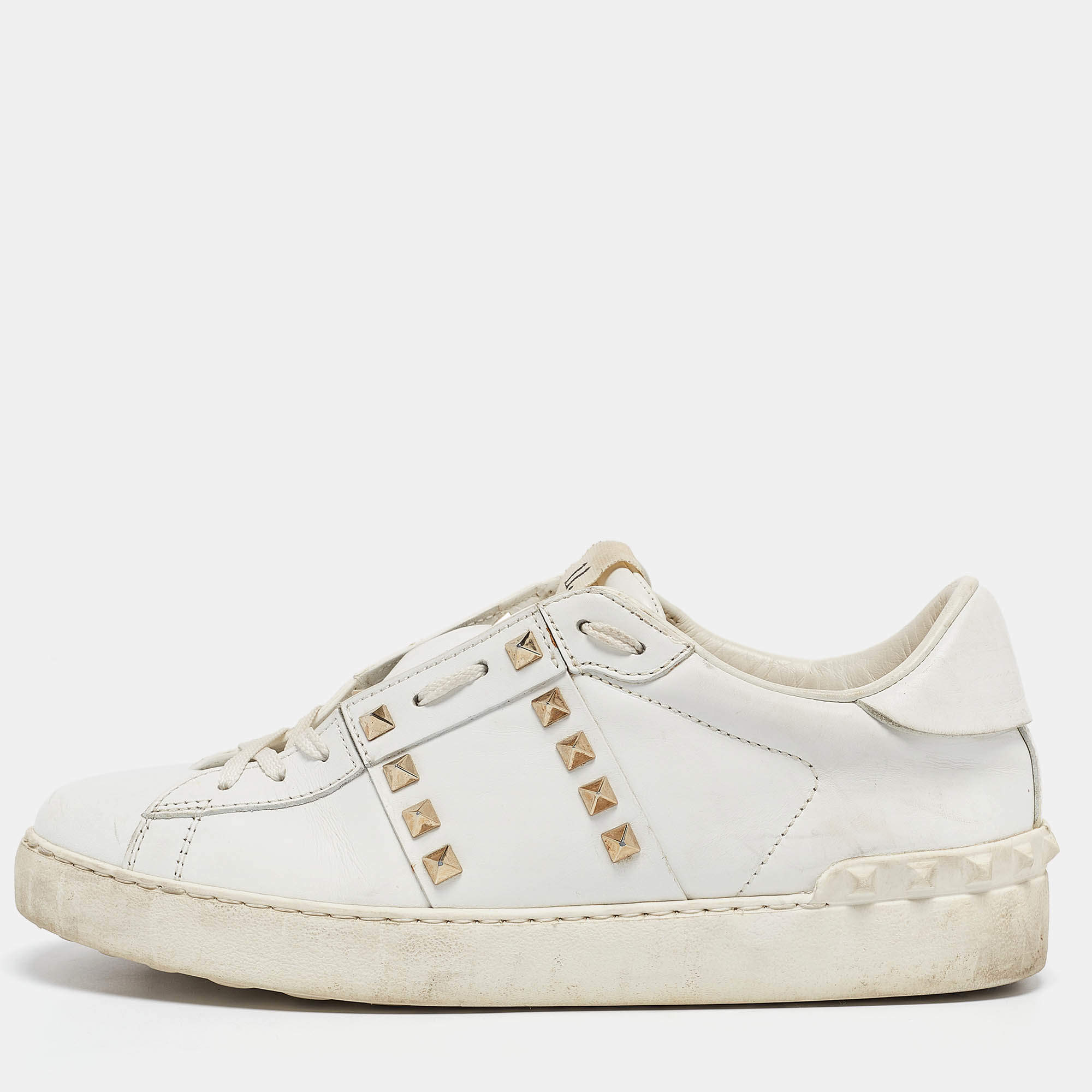 Pre Owned Valentino White Leather Rockstud Lace Up Sneakers Size 40.5