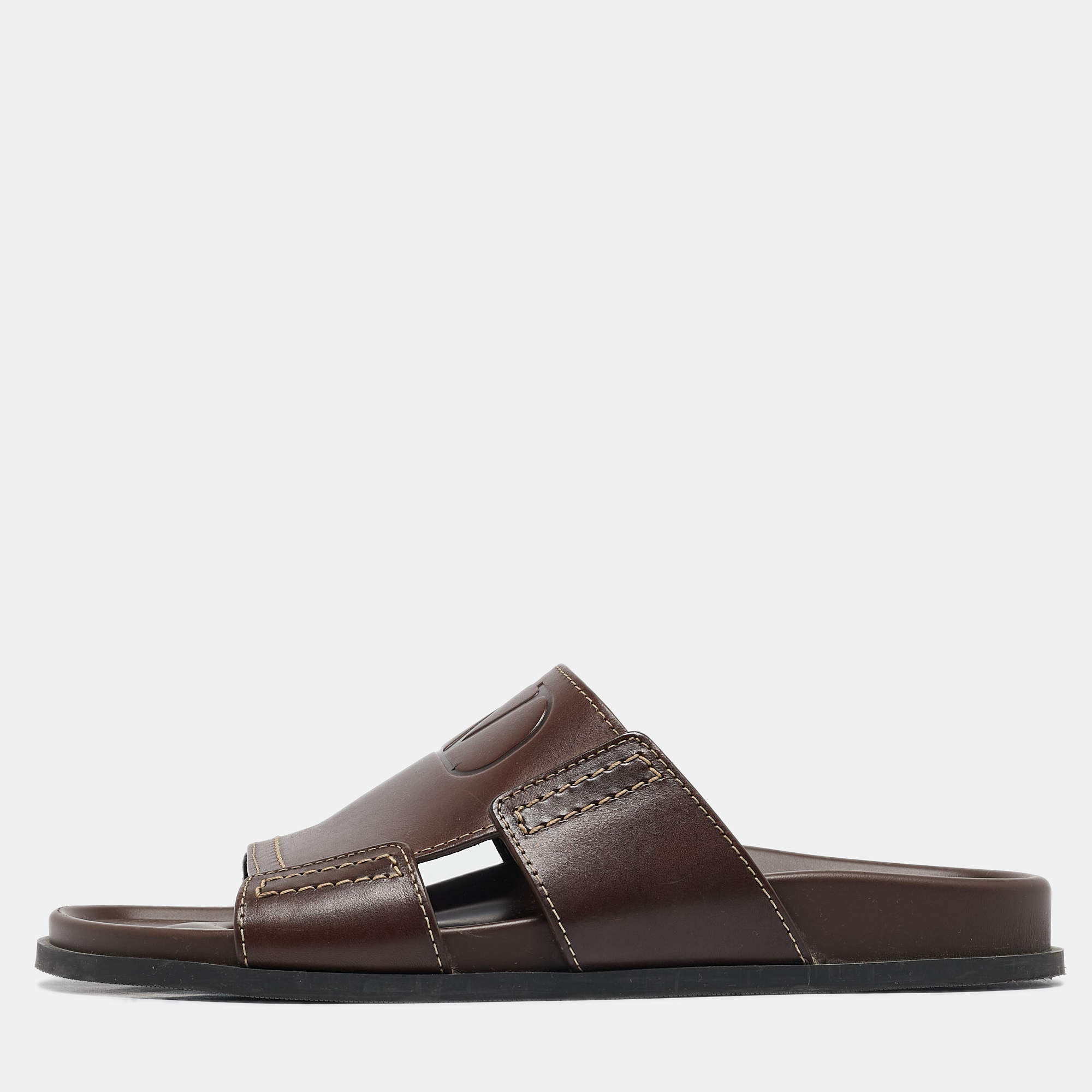 Valentino Brown Leather Escape V logo Slide Sandals Size 41