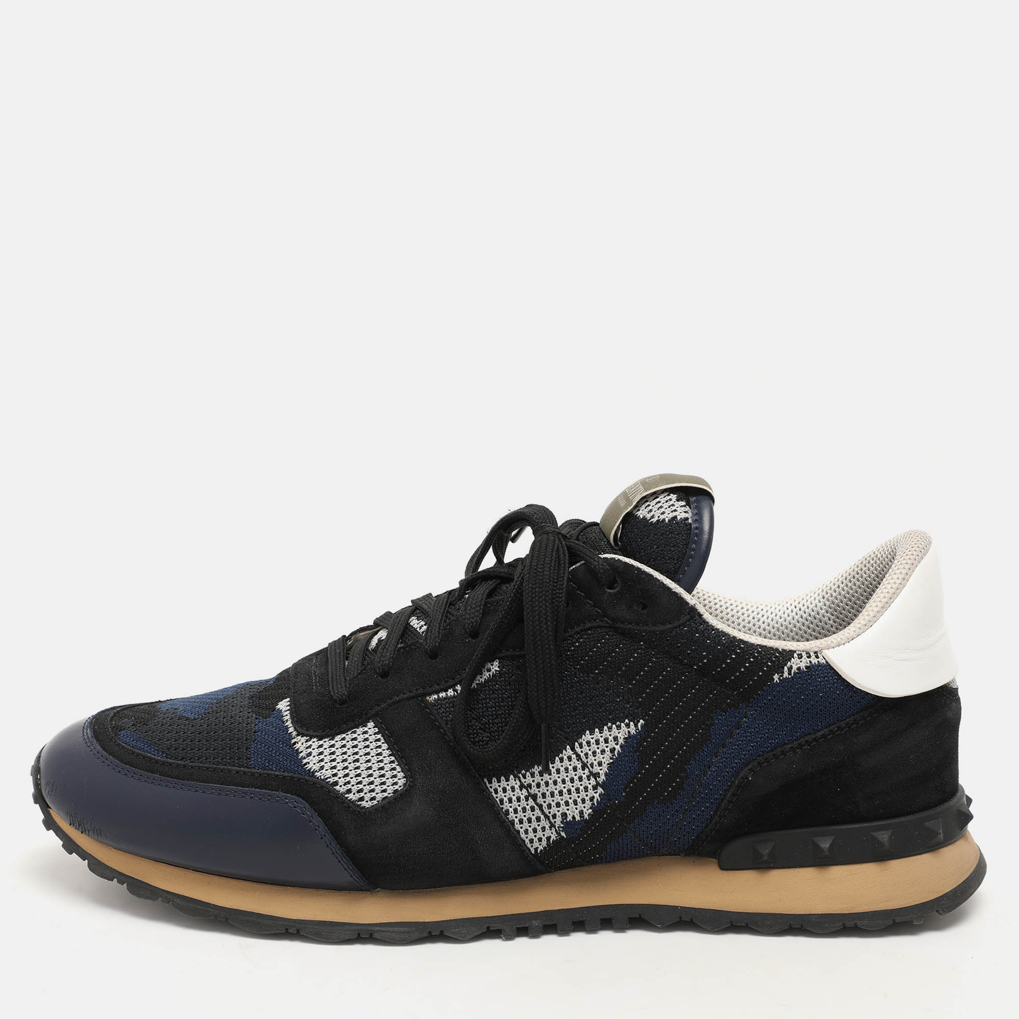 Valentino Blue/Black  Suede And Leather Camouflage Rockrunner Low Top Sneakers Size 45