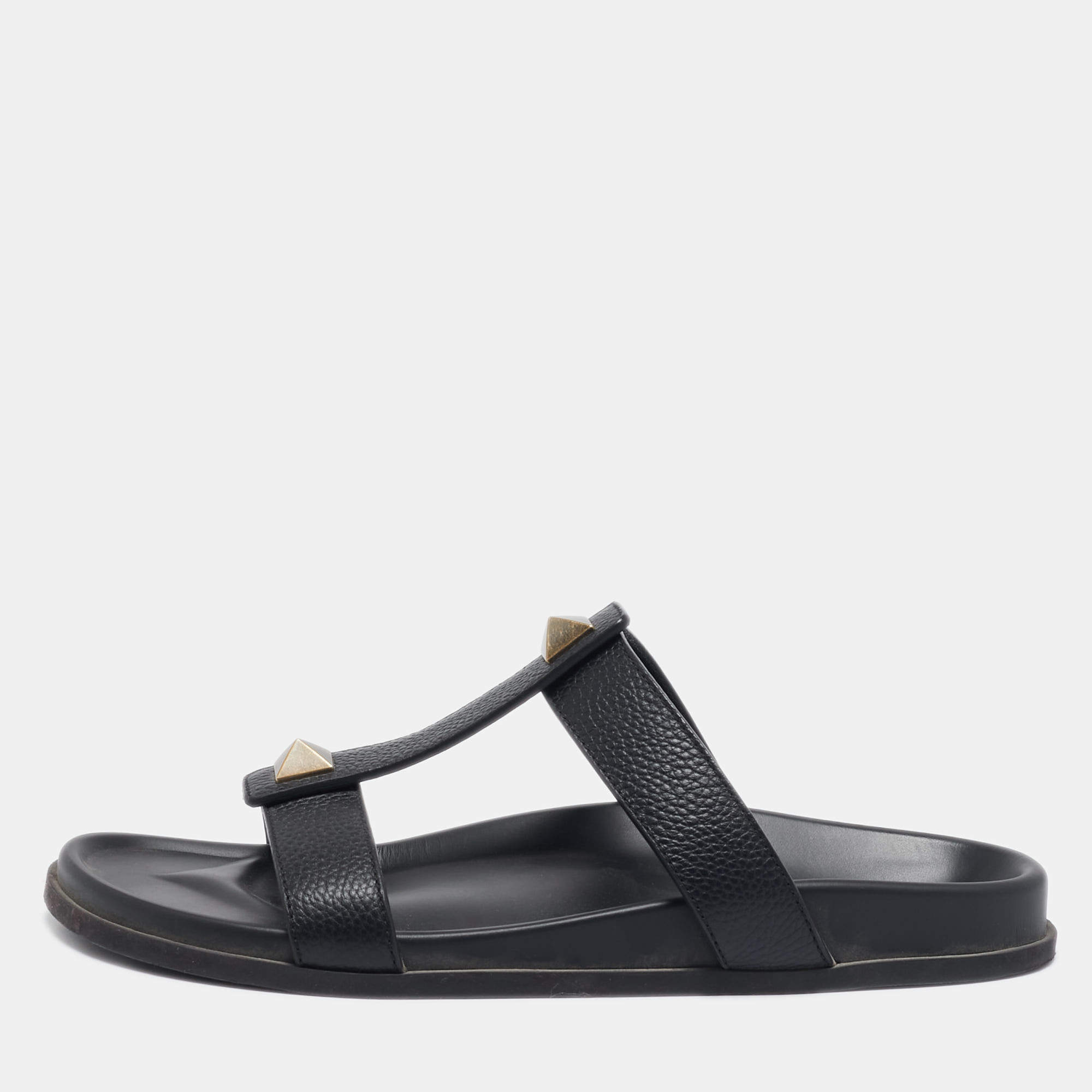 Pre Owned Valentino Black Leather Studded Flat Sandals Size 45