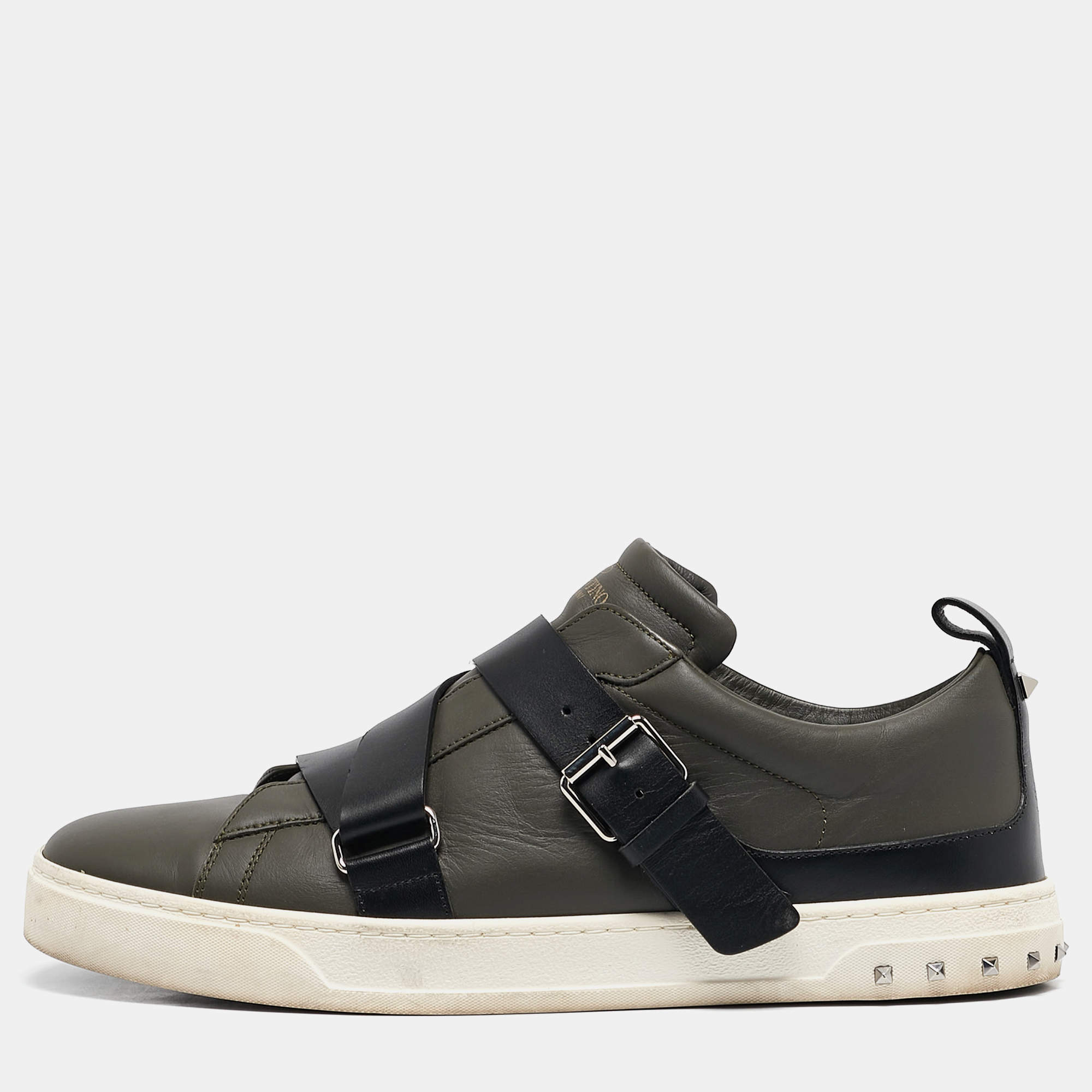 Valentino Green/Black Leather Buckle Strap Rockstud Sneakers Size 44