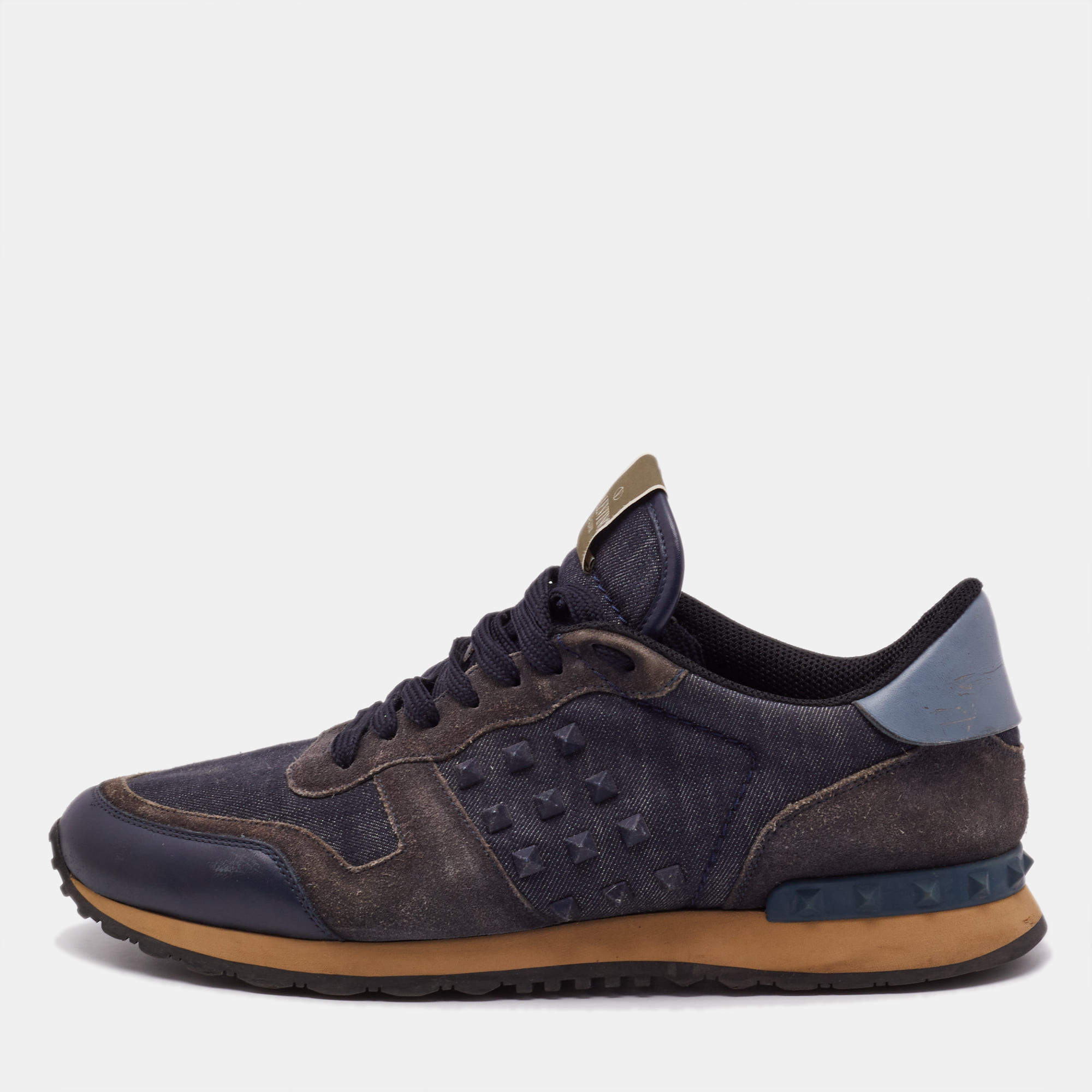 Valentino Navy Blue Suede And Leather Rockrunner Low Top Sneakers Size 44