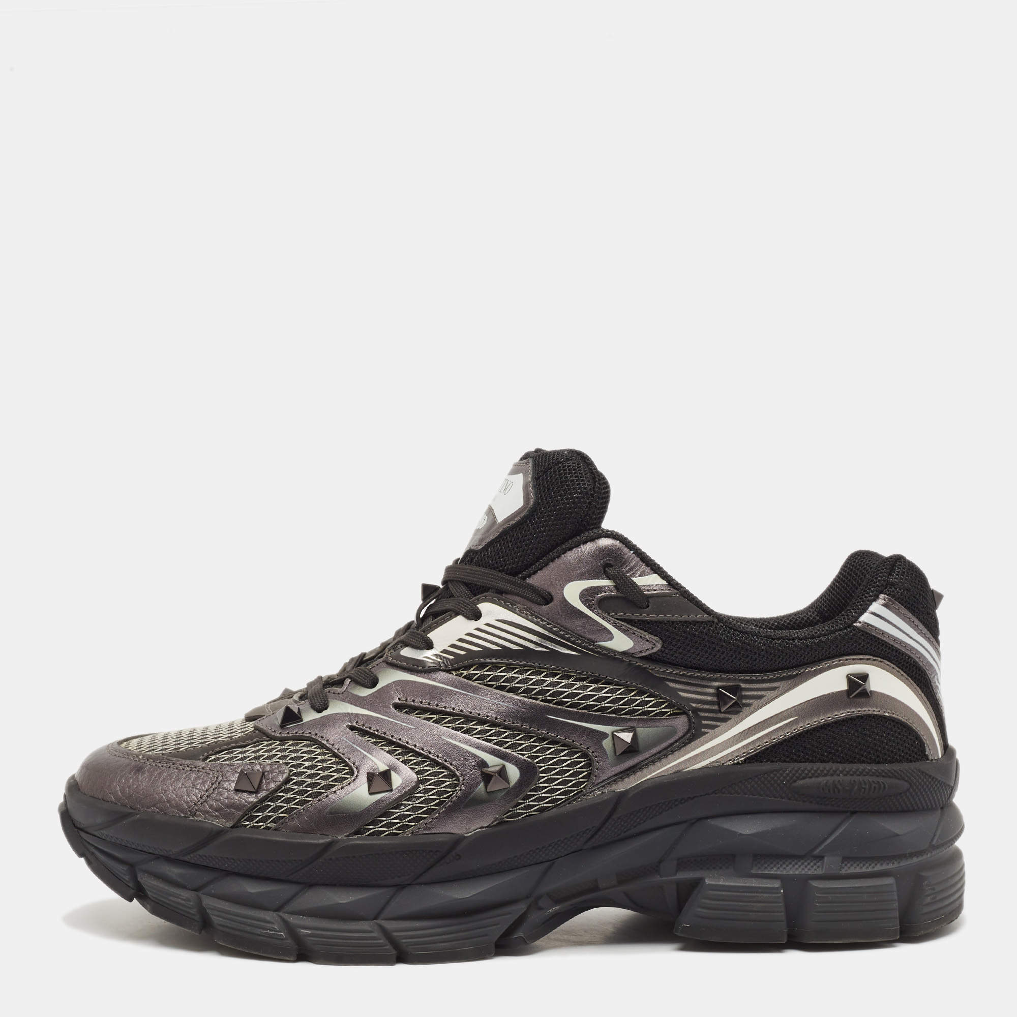 Pre Owned Valentino Black/Grey Leather and Mesh MS-2960 Sneakers Size 43