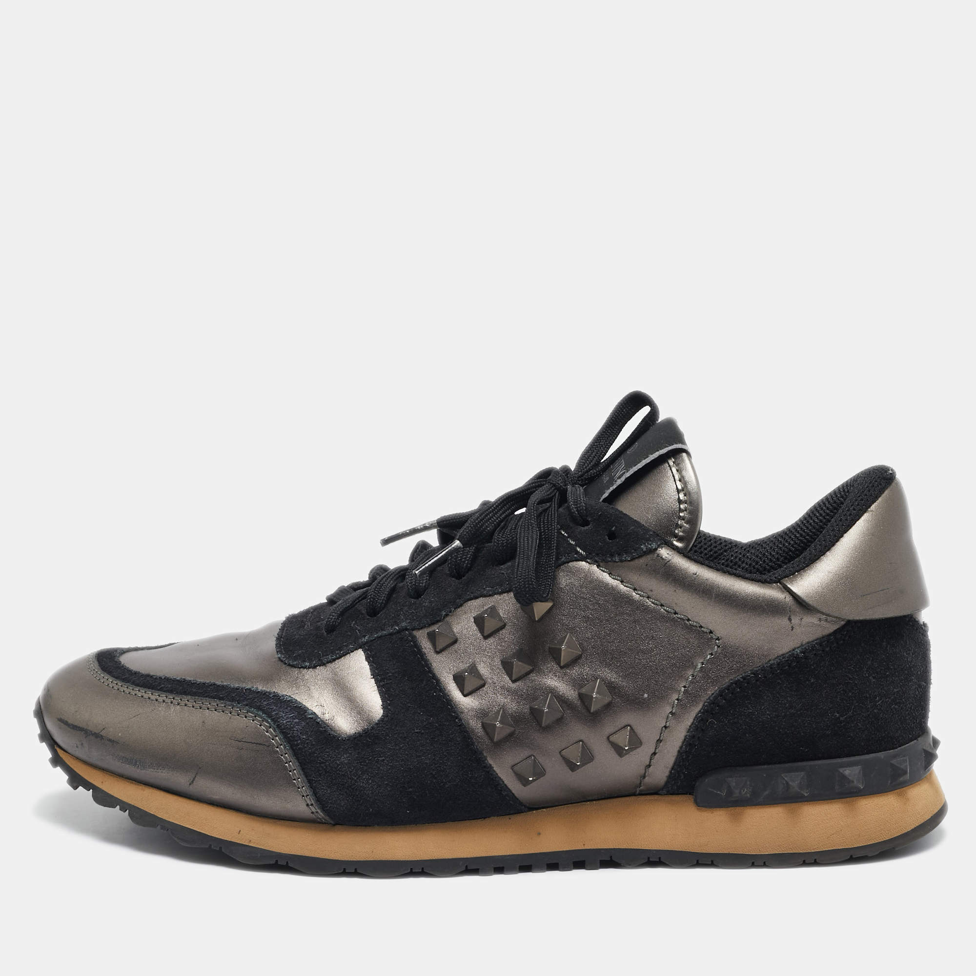Valentino Black/Metallic  Leather and Suede Rockrunner Sneakers Size 42