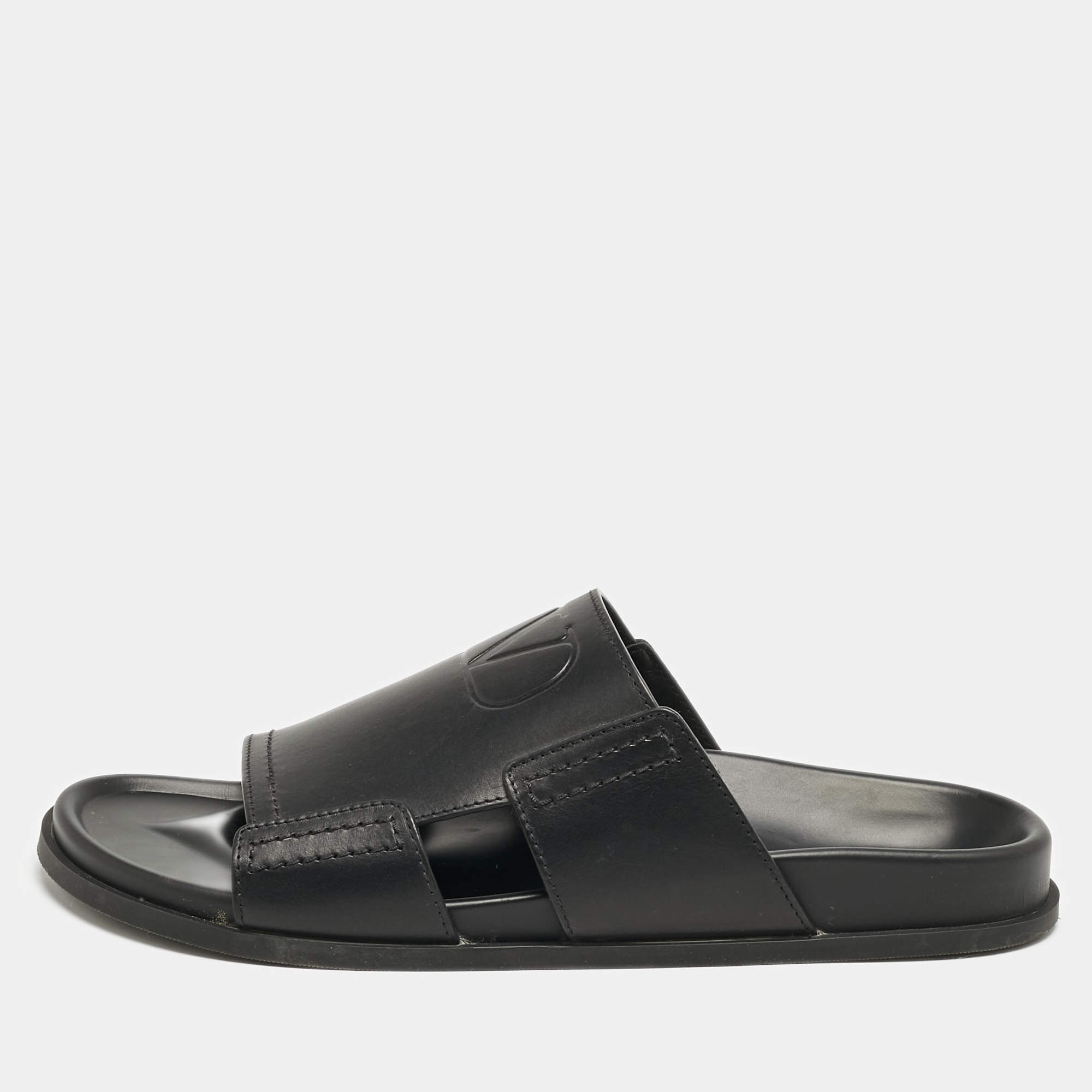 Valentino Black Leather VLogo Flat Slides Size 45