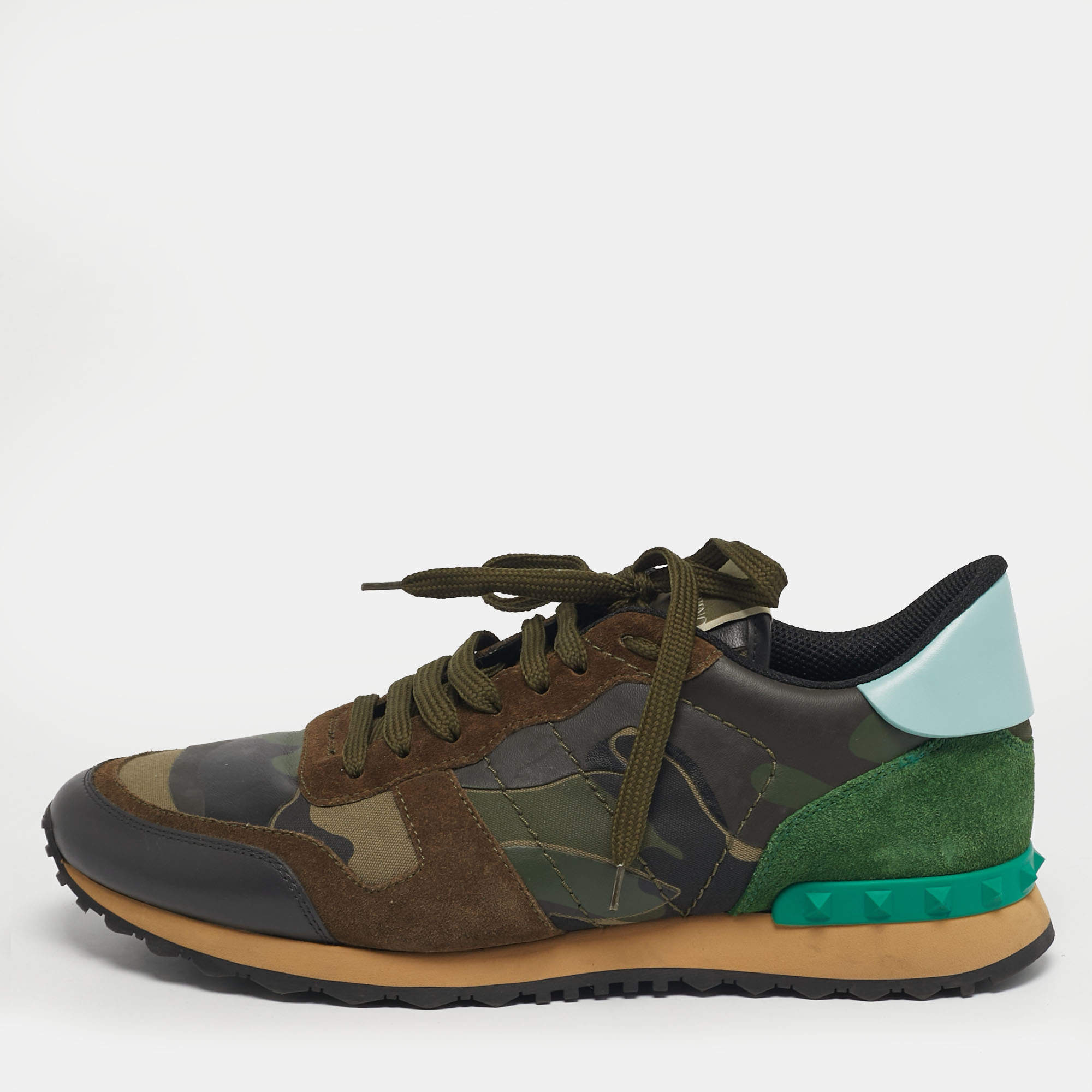 Pre Owned Valentino Rockrunner Size 43 Green Canvas, Leather and Suede Lace Up Sneakers