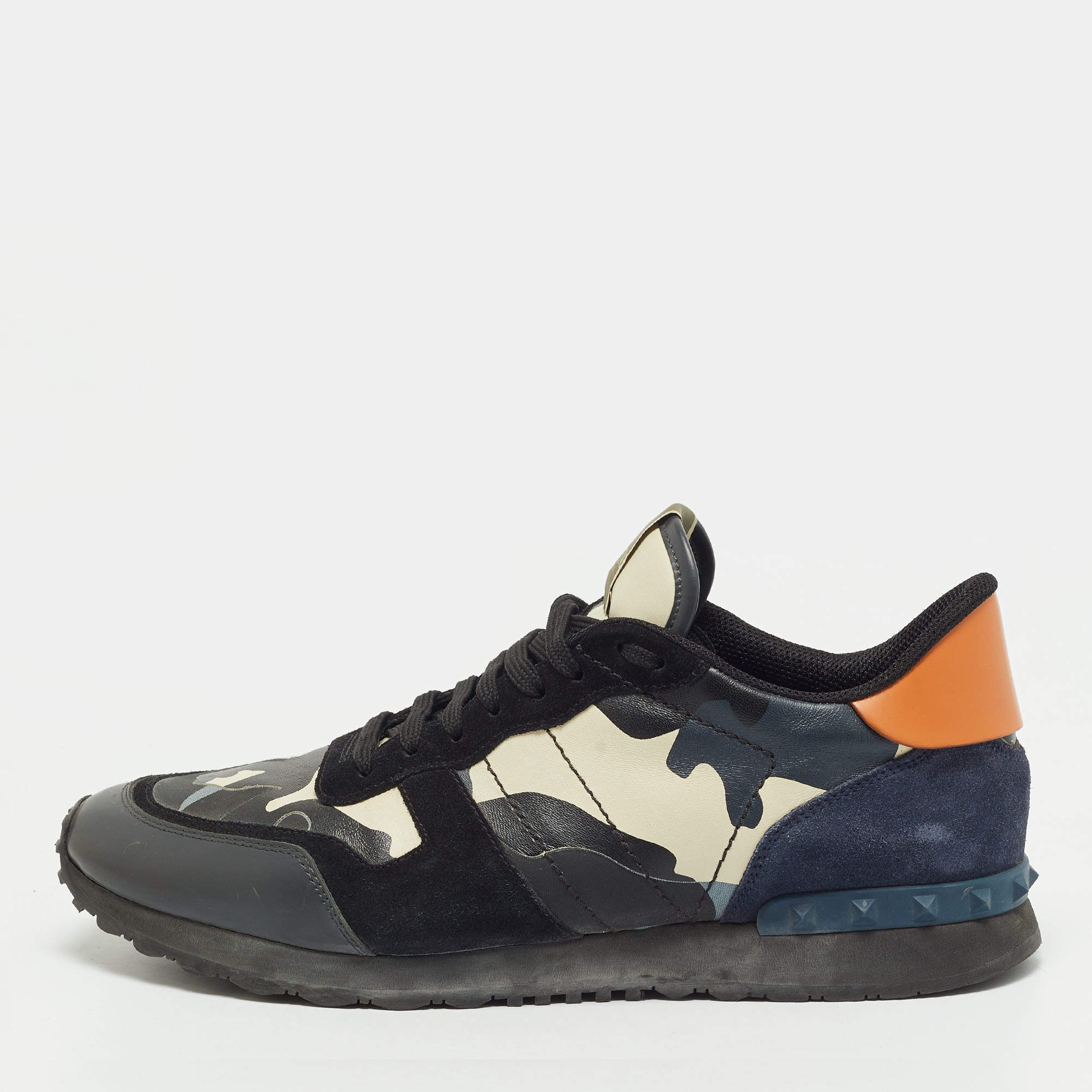 Pre Owned Valentino Rockrunner Size 46 Multicolor Canvas and Leather Lace Up Sneakers