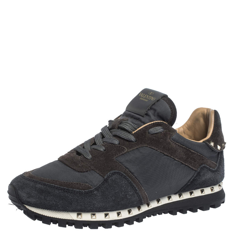 Valentino Dark Blue/Grey Suede And Camo Nylon Rockstud Sneakers Size 40