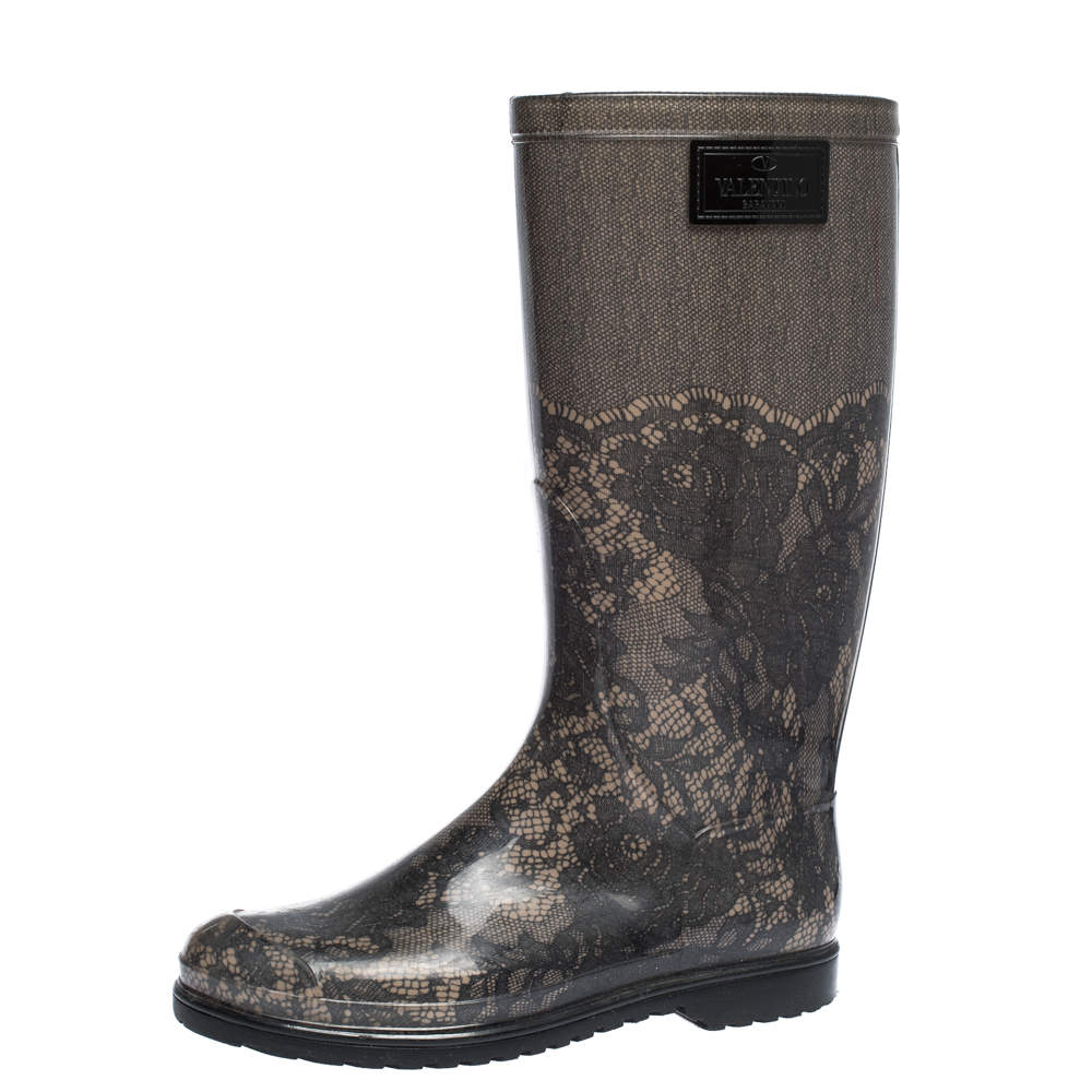 Pre Owned Valentino Grey/Black Lace Print Rubber Rain Boots Size 39