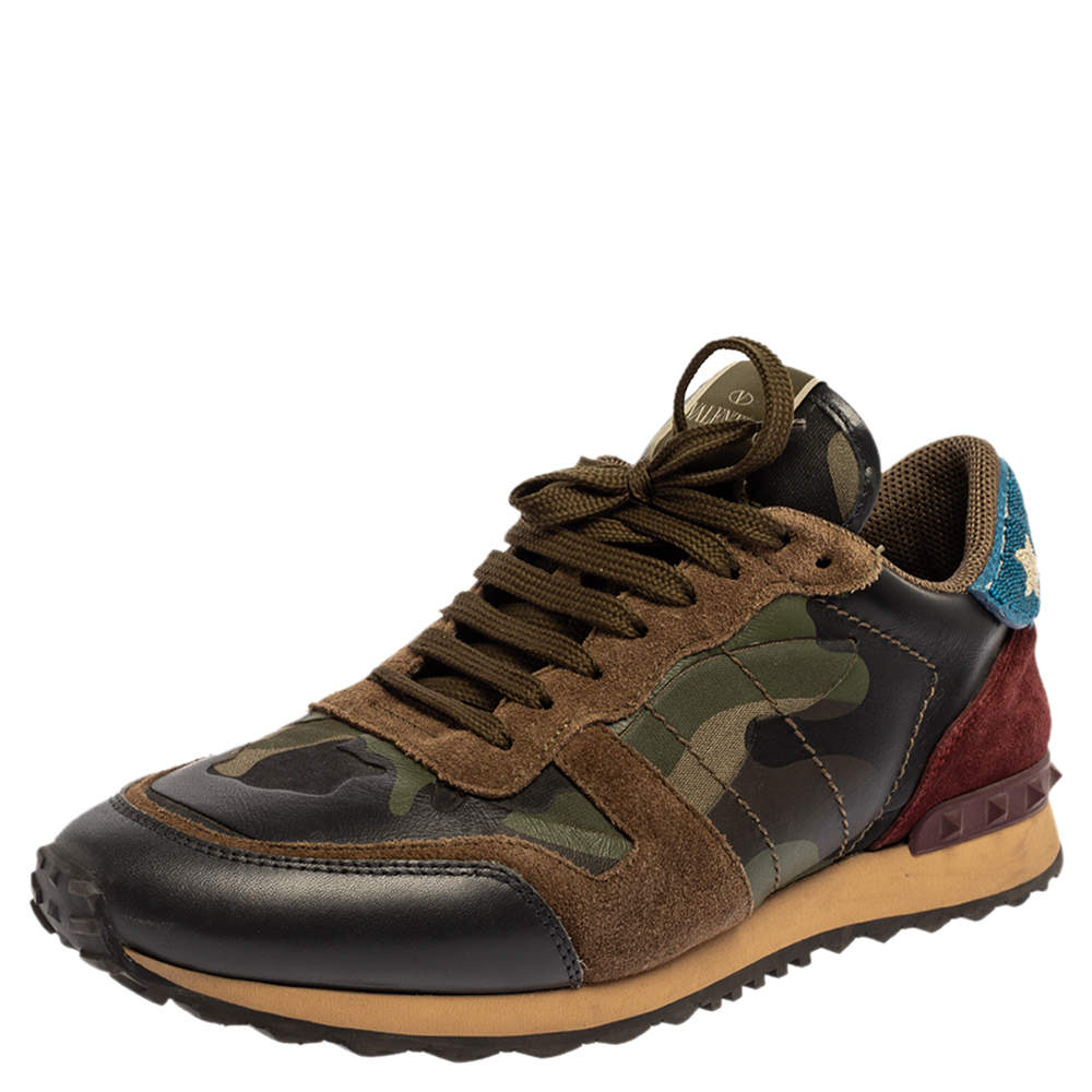 Pre Owned Valentino Multicolor Suede And Leather Camouflage Rockrunner Low Top Sneakers Size 43.5