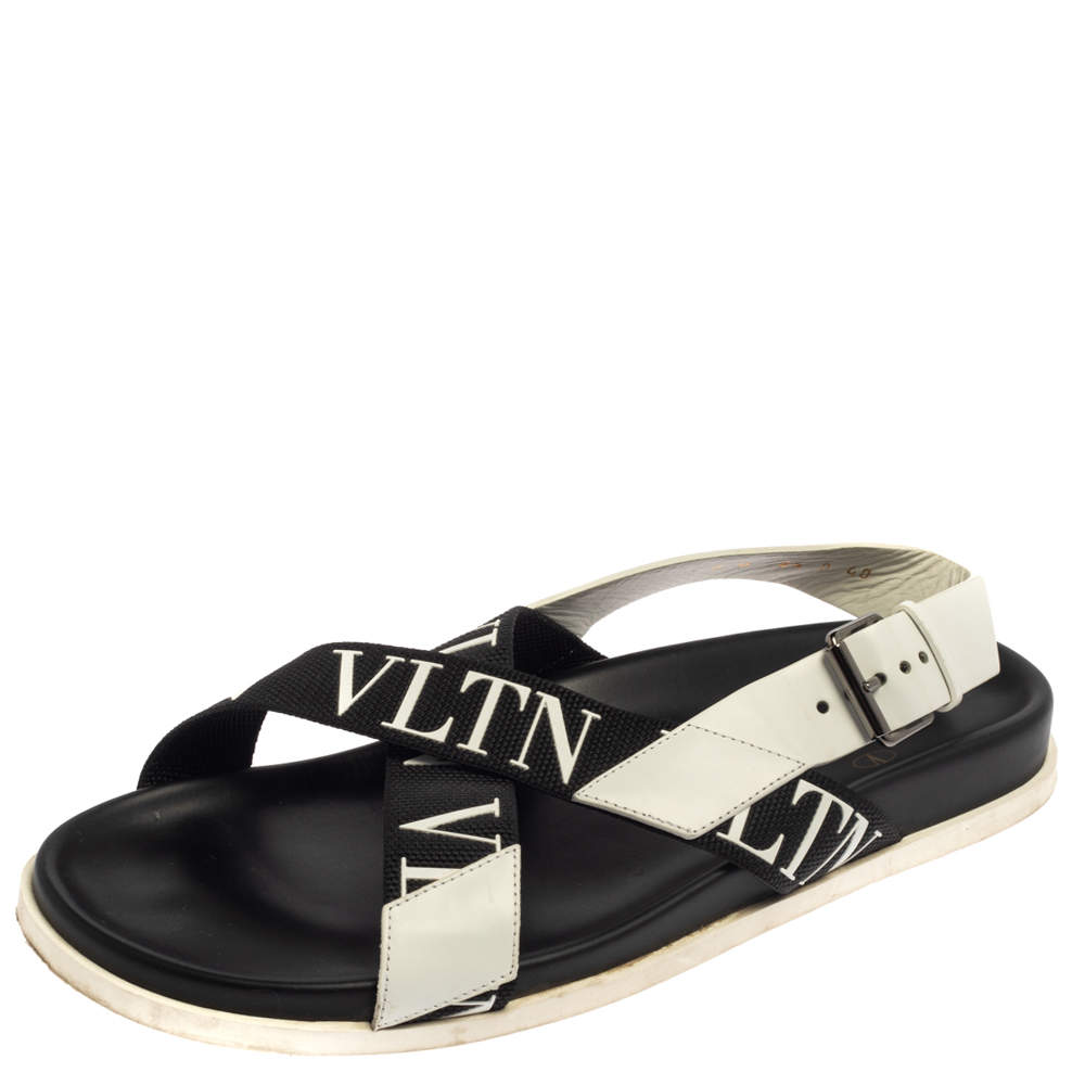 Valentino Black/White Leather And Nylon Logo Print Cross Strap Sandals Size 40