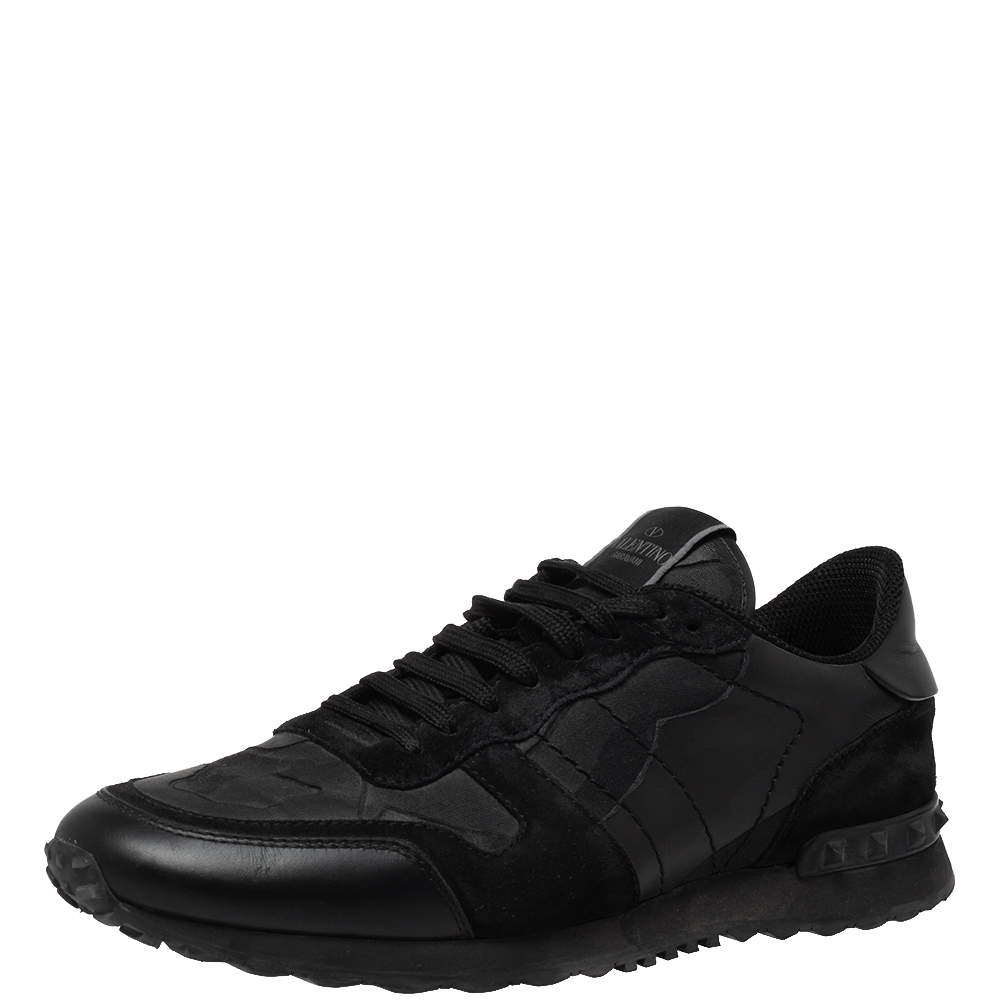Pre Owned Valentino Black Leather And Suede RockRunner Low Top Sneakers Size 42
