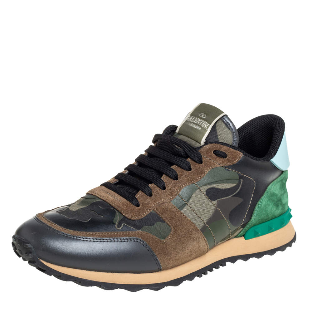 Pre Owned Valentino Multicolor Camouflage Print Suede And Leather Rockrunner Sneakers Size 45