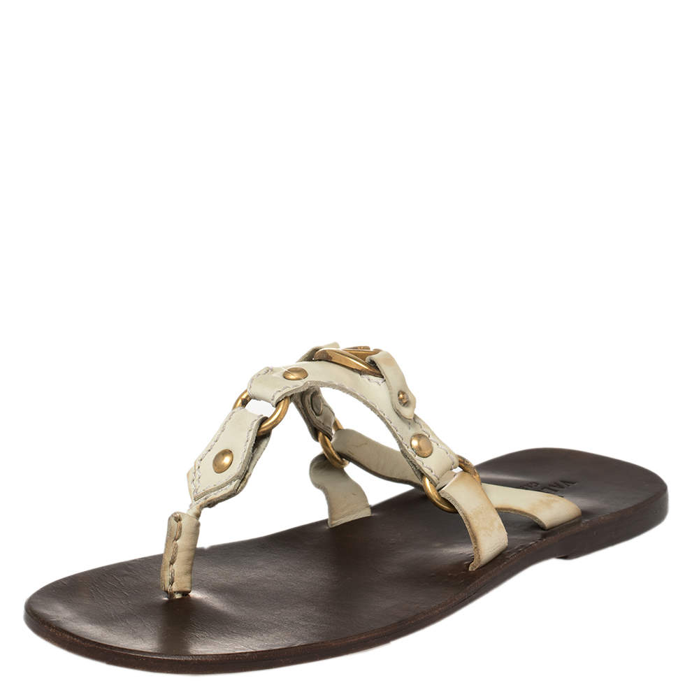 Pre Owned Valentino Cream Leather V Logo Flat Thong Sandals Size 41