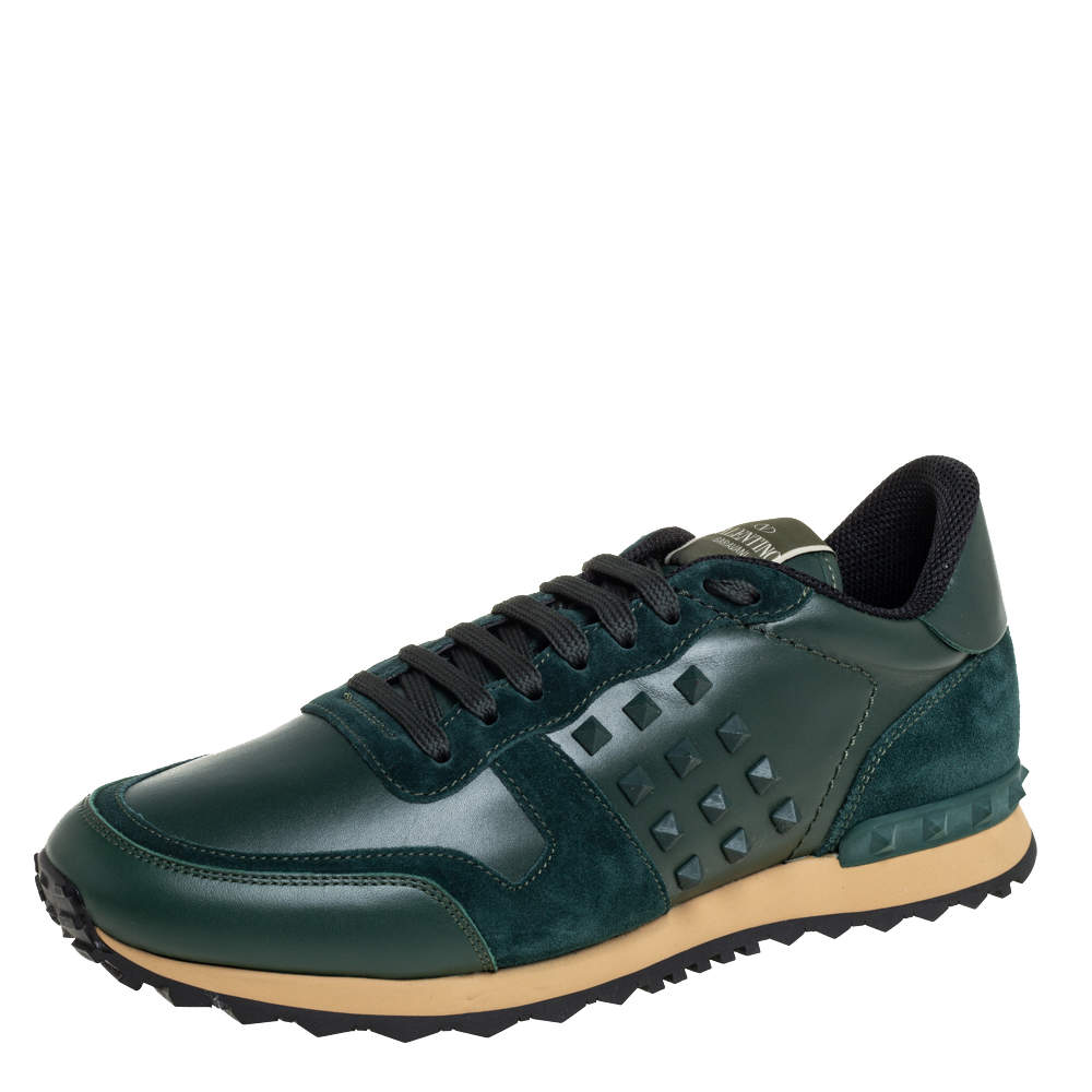Pre Owned Valentino Green Leather And Suede Rockstud Low Top Sneakers Size 42