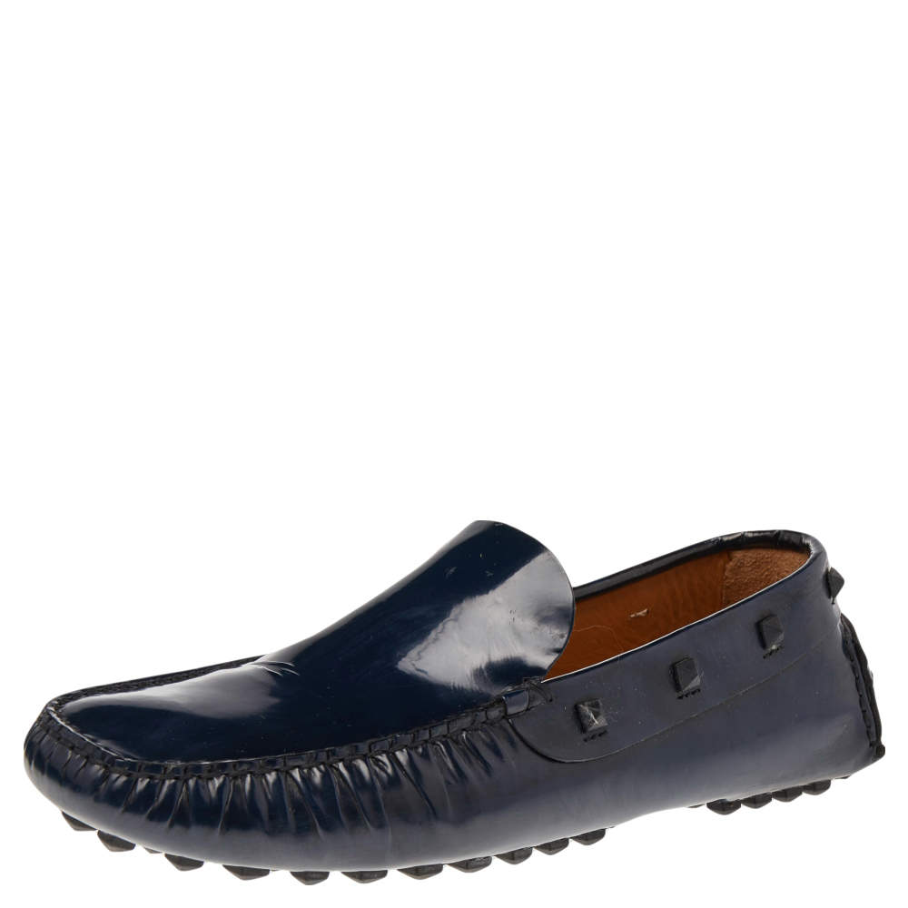 Valentino Navy Blue Patent Leather Rockstud Slip On Loafers Size 42