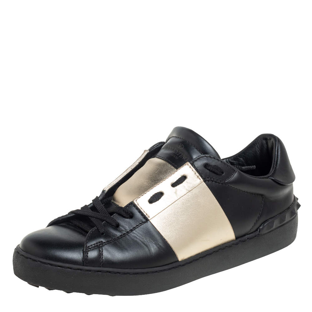 Valentino Black/Metallic Gold Band Leather Open Low Top Sneakers Size 41