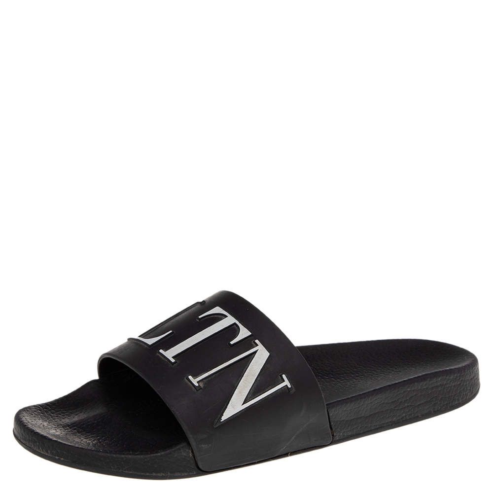 Pre Owned Valentino Black/White Rubber VLTN Flat Slides Size 42