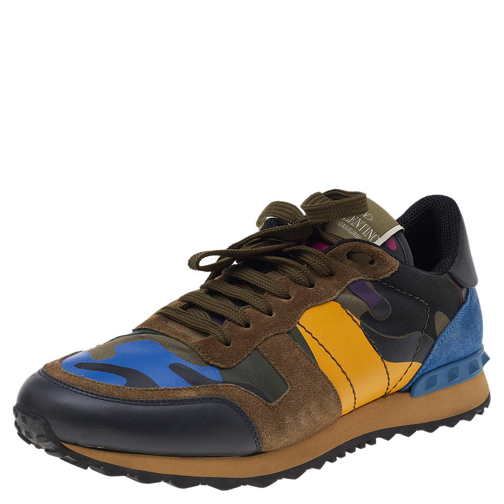Pre Owned Valentino Multicolor Camouflage Leather And Suede Rockrunner Low Top Sneakers Size 41