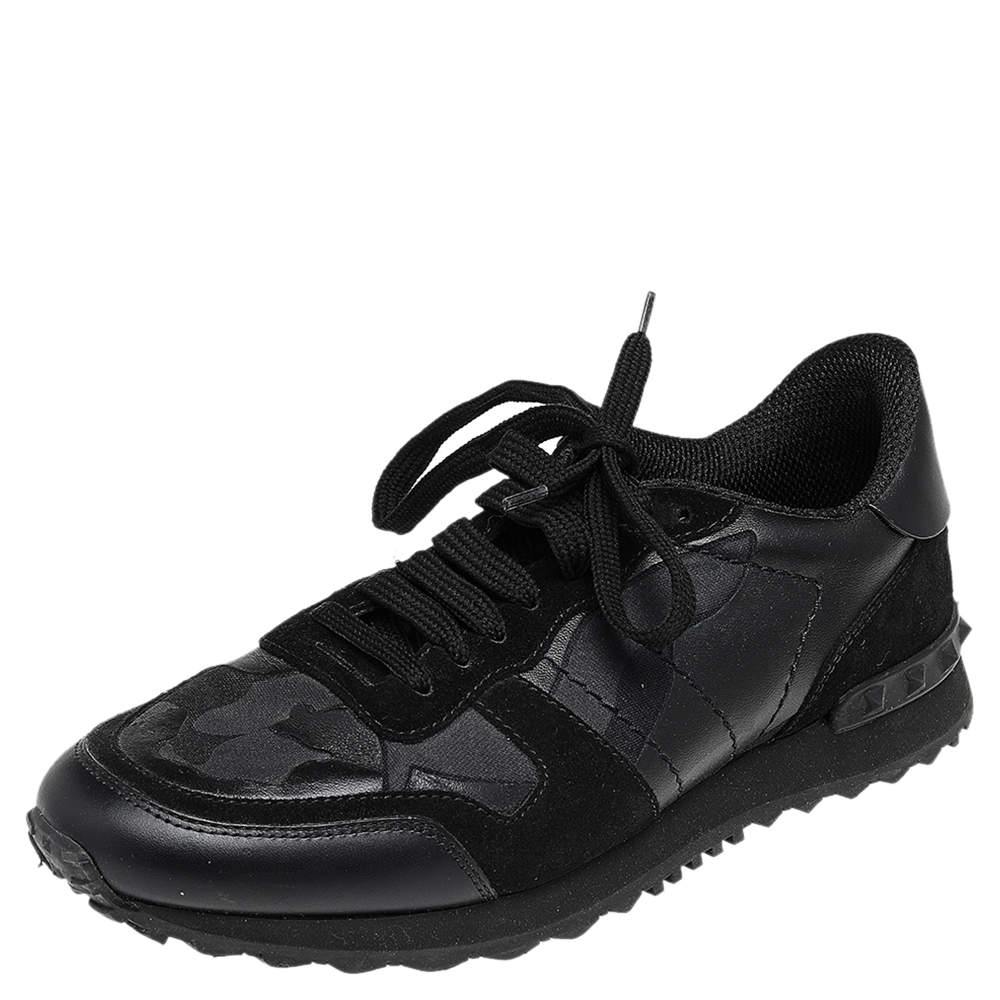 Pre Owned Valentino Black Camouflage Leather and Suede Rockrunner Low Top Sneakers Size 39