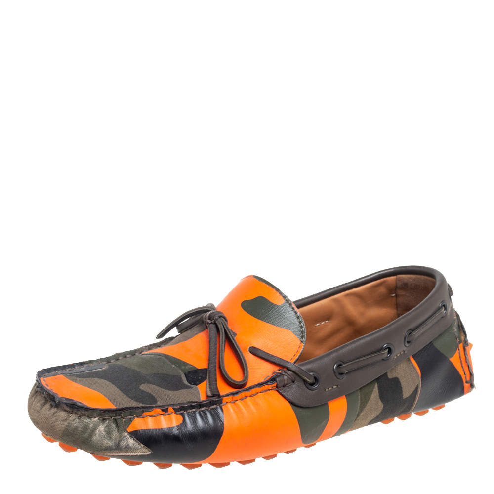 Valentino Green/Orange Camouflage Leather Bow Loafers Size 40