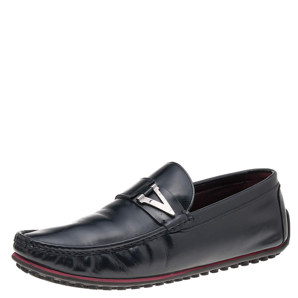 Valentino Black Leather Logo Slip On Loafers Size 44