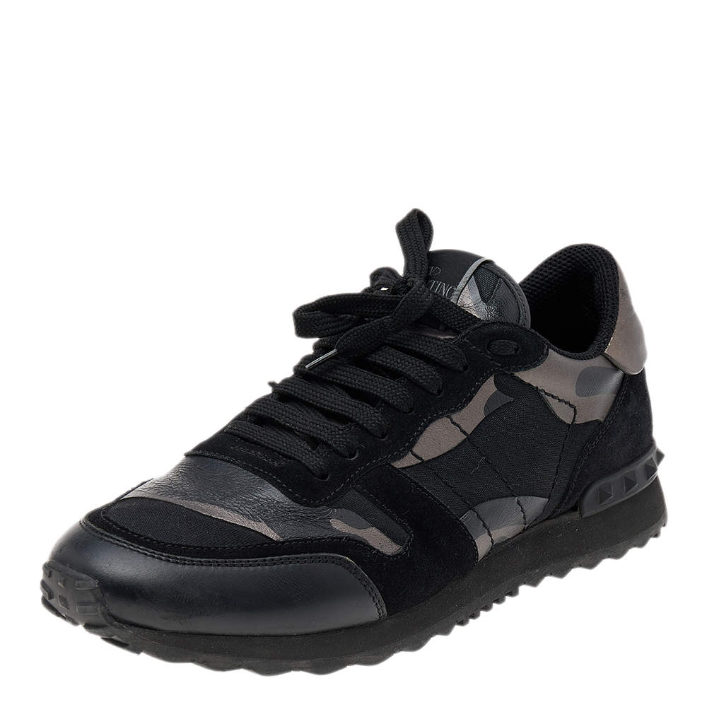 Valentino Black Camouflage Leather And Canvas Rockrunner Low Top Sneakers Size 40.5