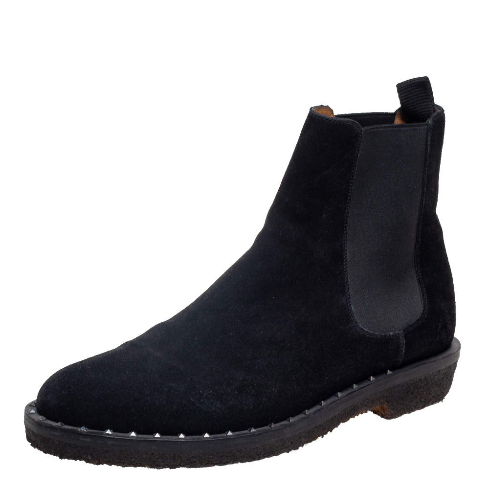 Pre Owned Valentino Black Suede Studded Chelsea Boots Size 41