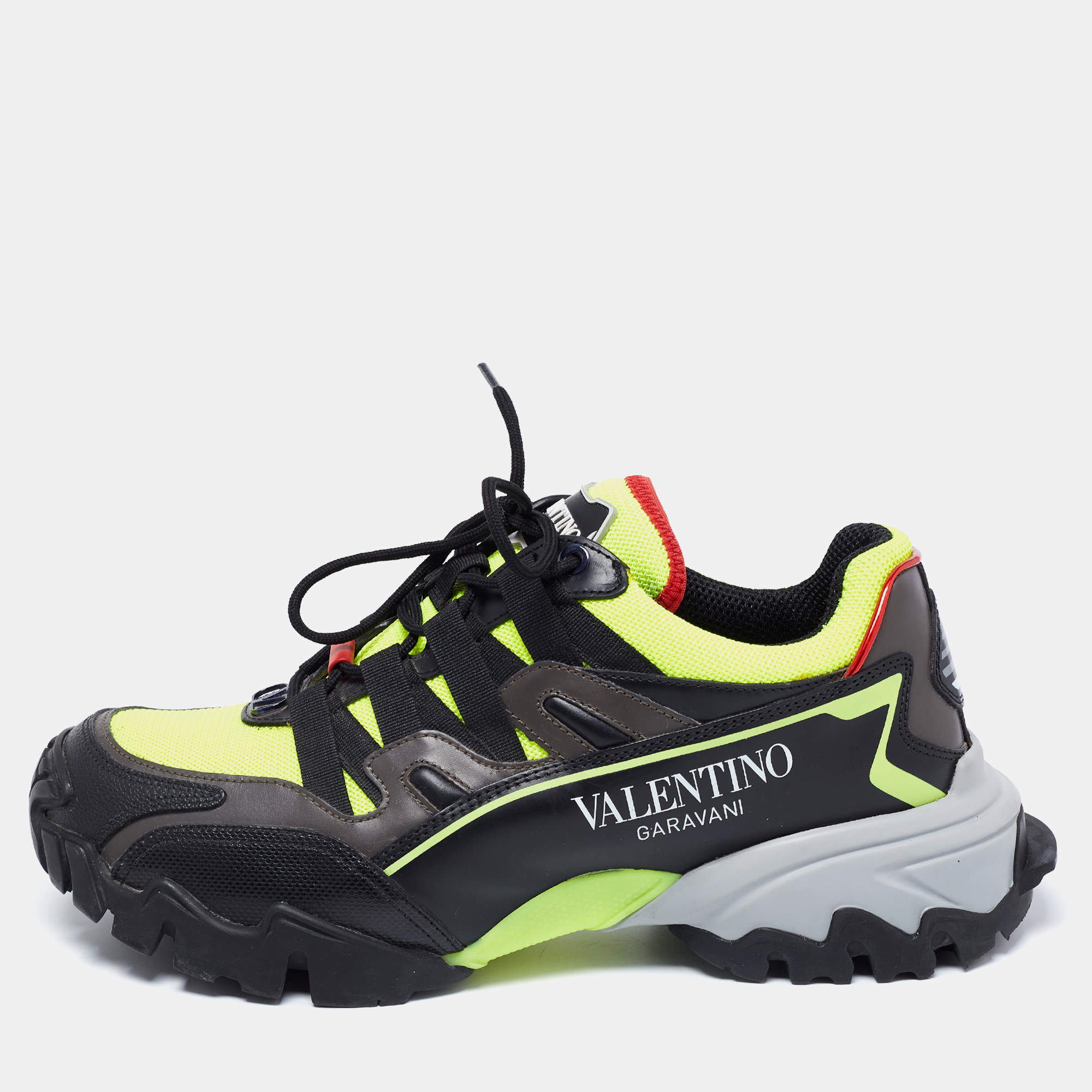 Valentino Black/Neon Green Leather and Mesh Climber Low-Top Sneakers Size 39