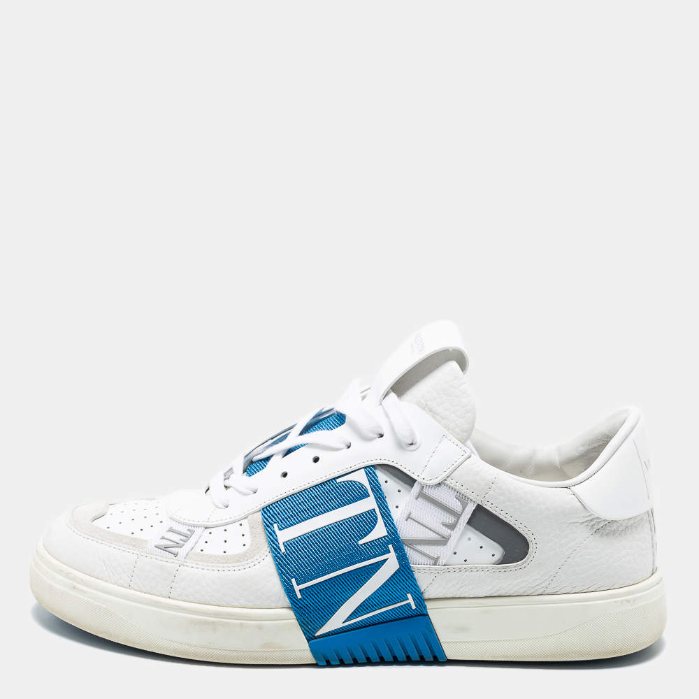Pre Owned Valentino White/Blue Leather Paneled Sneakers Size 45