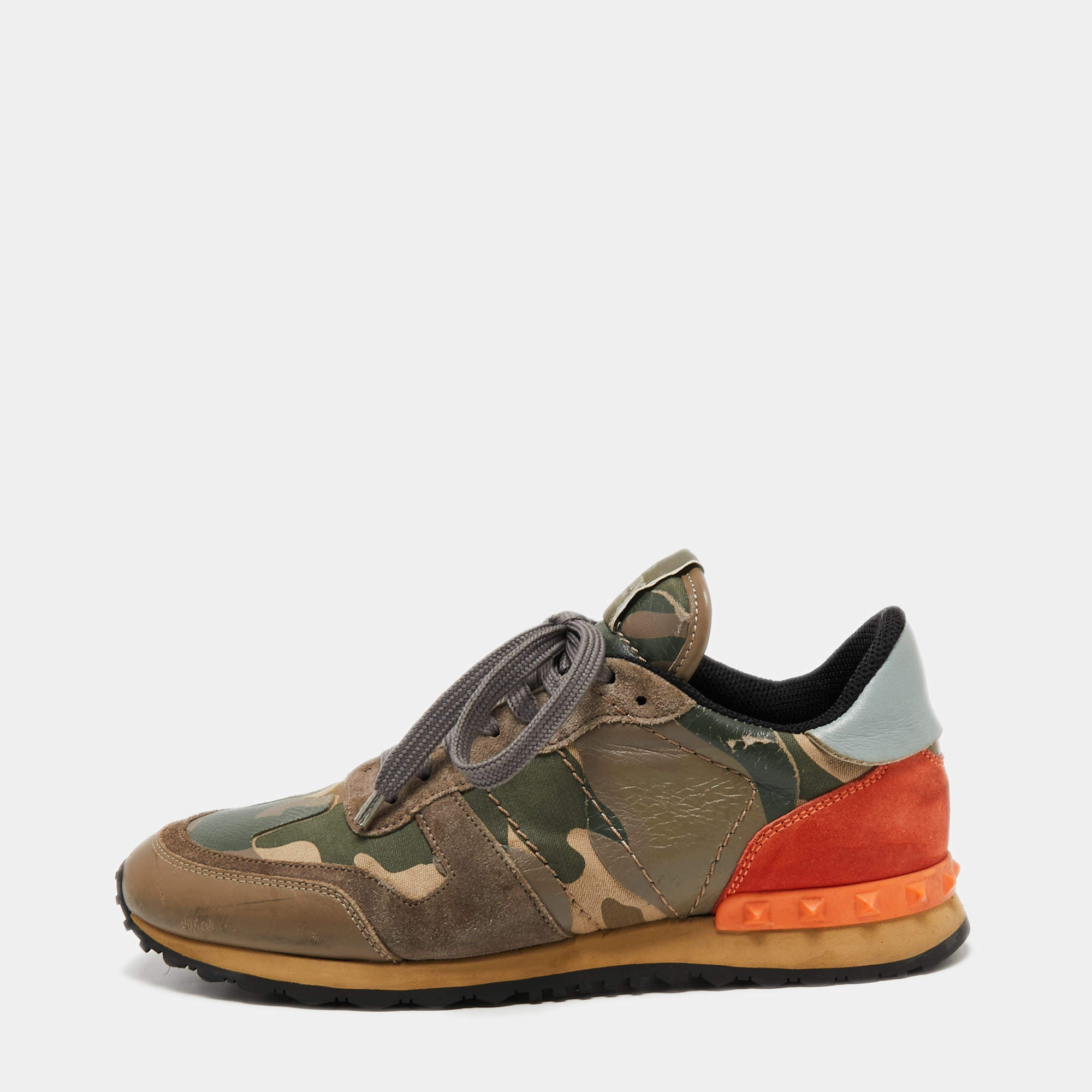 Pre Owned Valentino Multicolor Camouflage Print Leather, Canvas and Suede Rockrunner Low-Top Sneakers Size 40