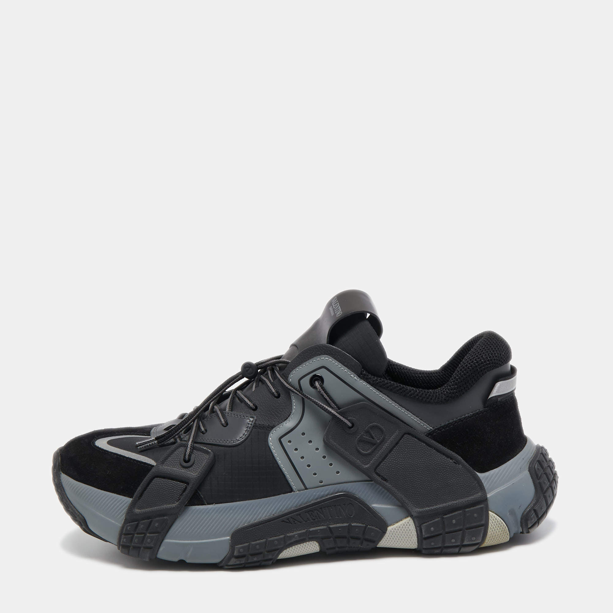Valentino Black/Grey Leather, Suede and Fabric VLTN Wod Sneakers Size 44