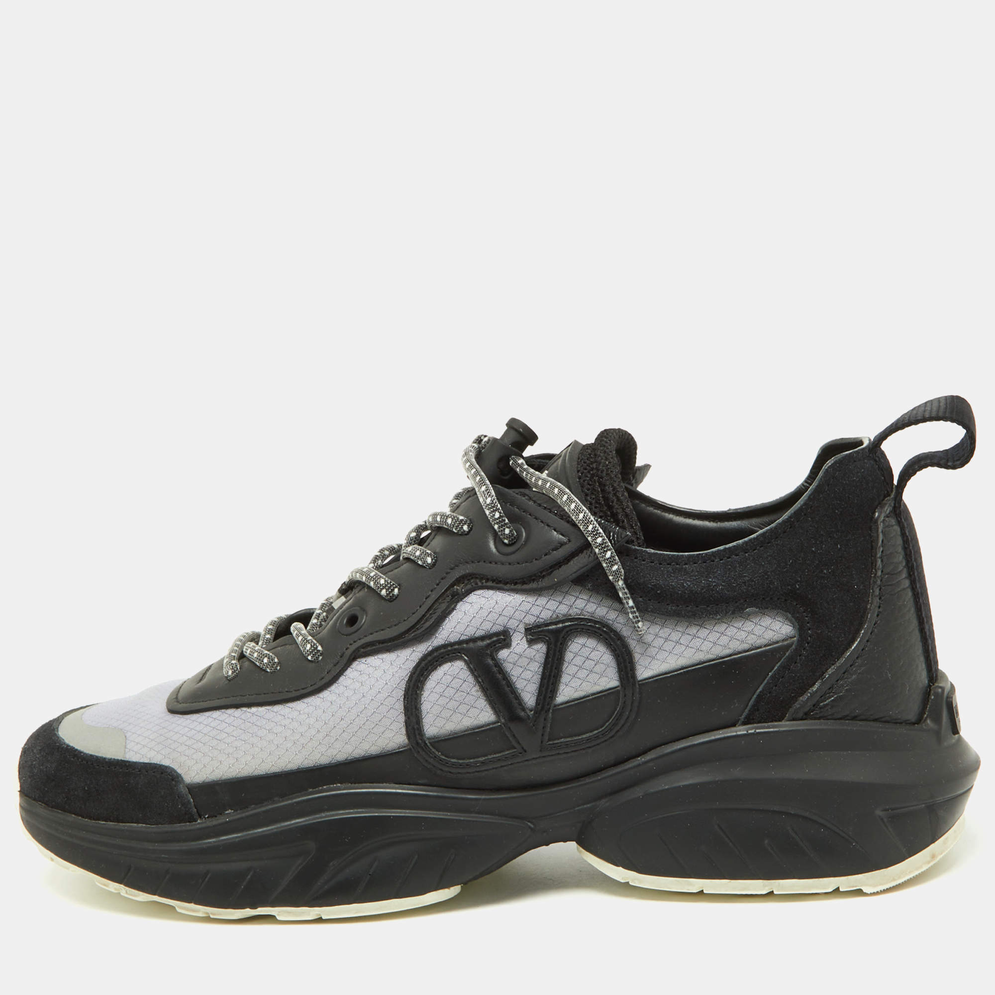 Valentino Black/Grey Leather,Suede and Mesh Bounce Low Top Sneakers Size 39