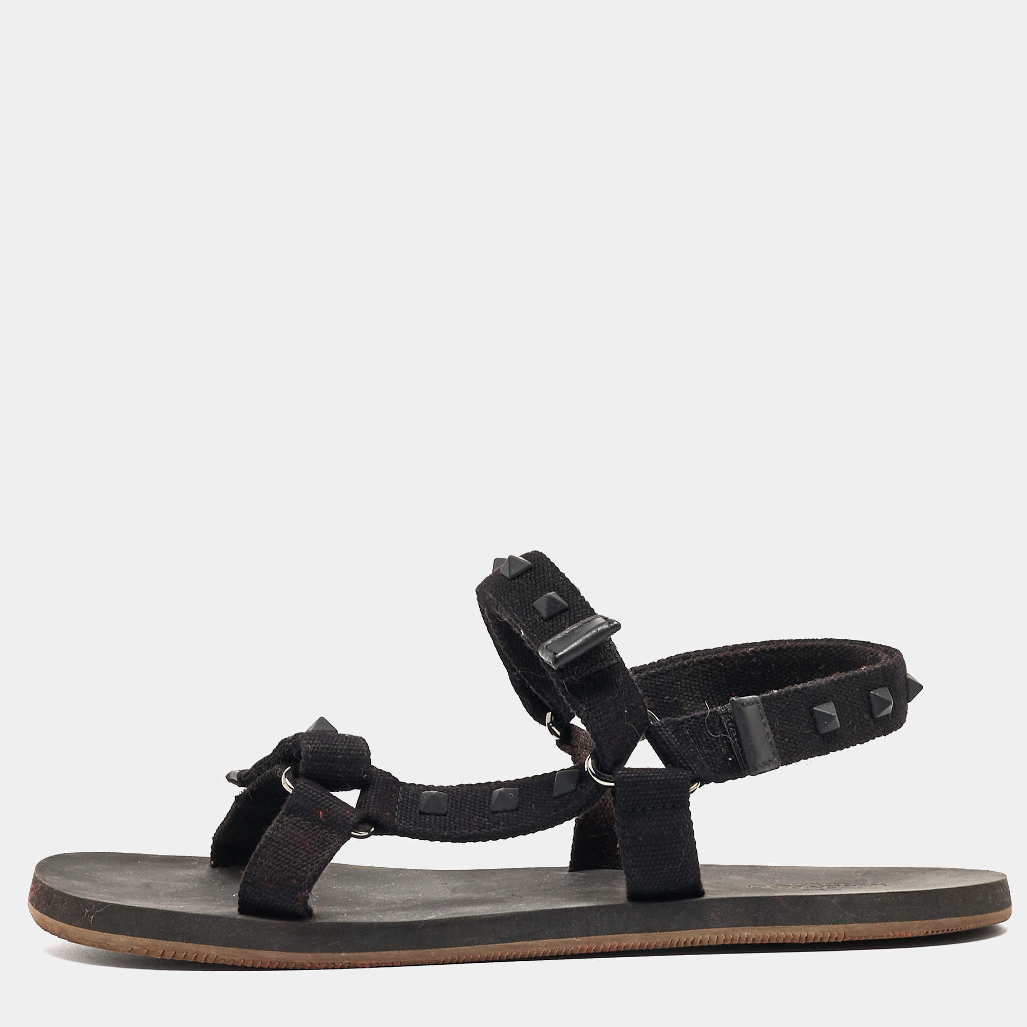 Valentino Black Canvas Rockstud Strappy Sandals Size 43