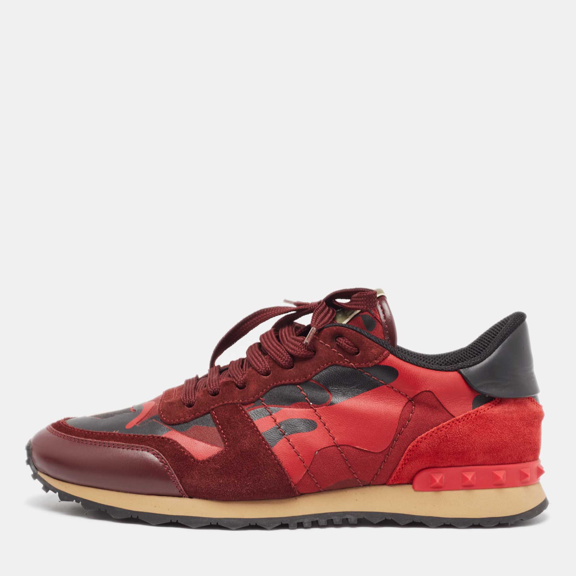 Pre Owned Valentino Red Camouflage Leather,Canvas and Suede Rockrunner Sneakers Size 43