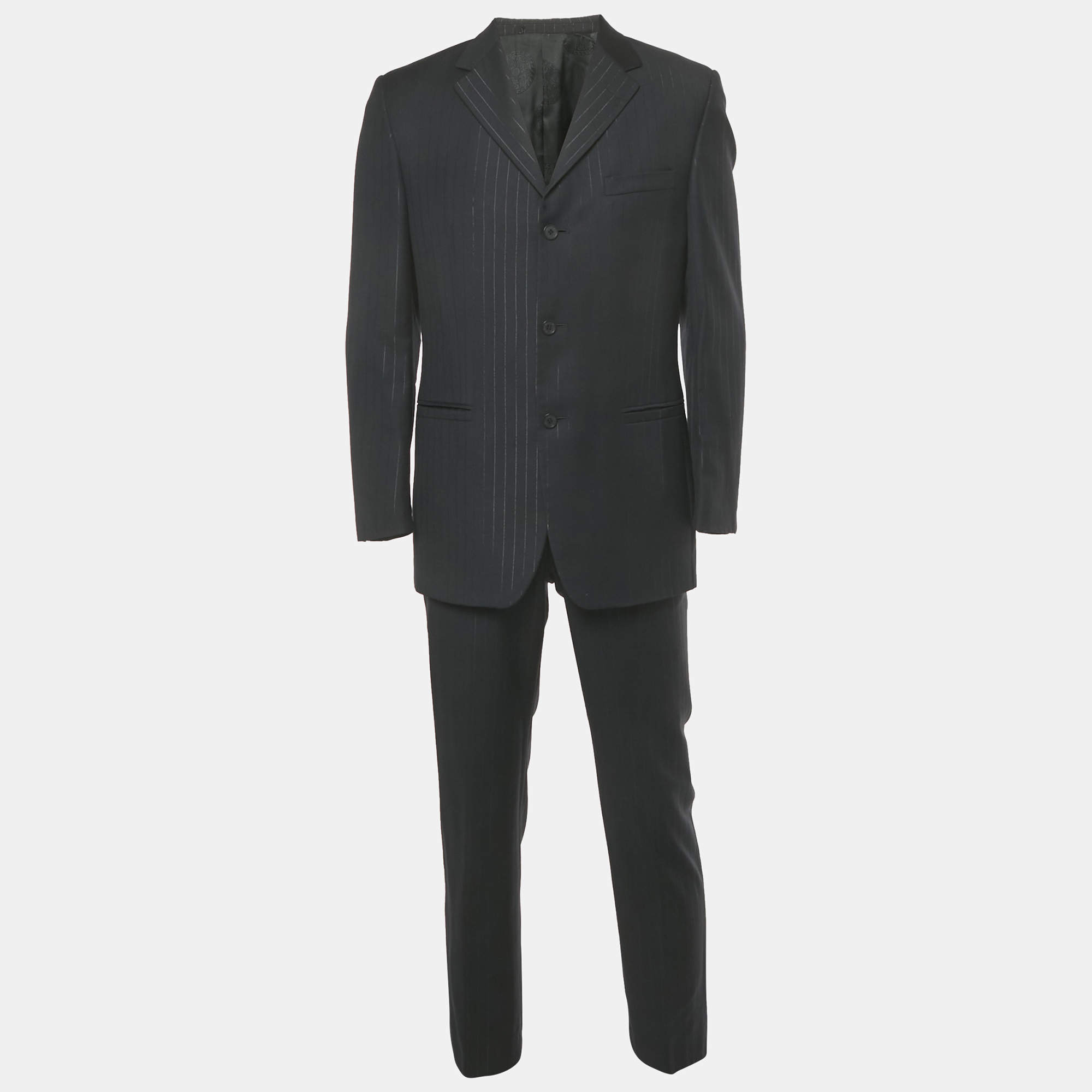 Pre Owned Versace Black Pinstriped Wool Classic CV2 Suit EX