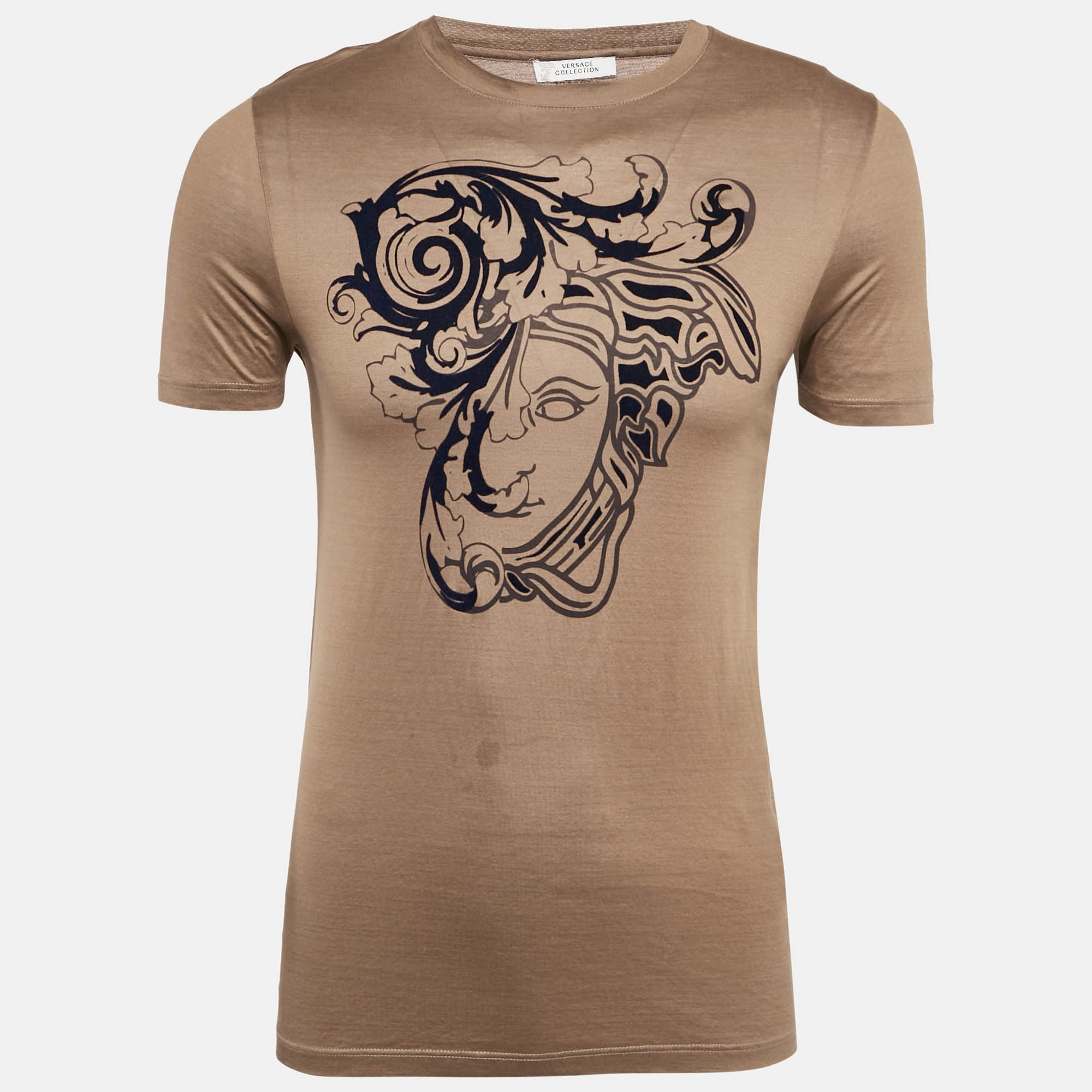 Pre Owned Versace Collection Brown Jersey Medusa Velvet Print T-Shirt S