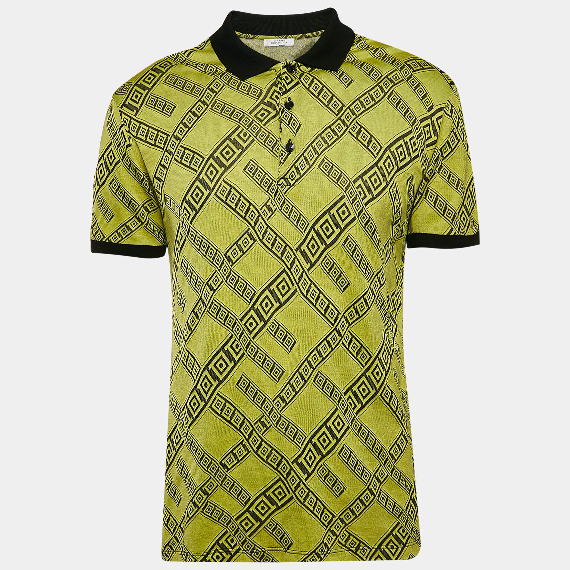 Pre Owned Versace Collection Yellow Jacquard Knit Polo T-Shirt XL