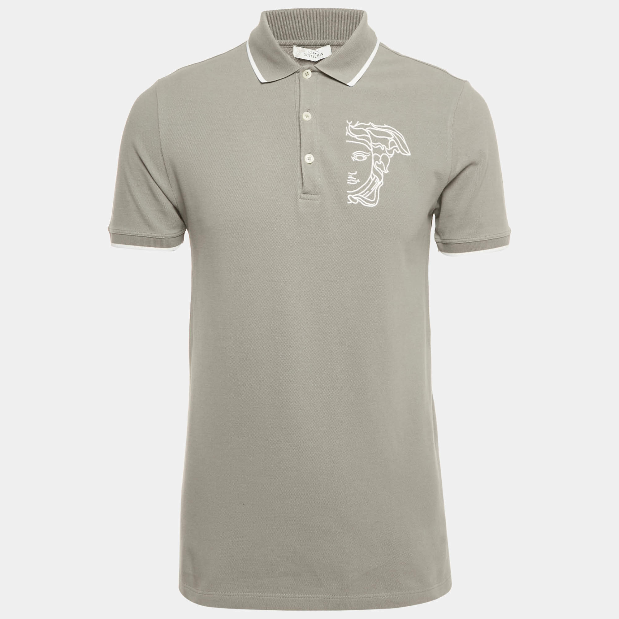 Pre Owned Versace Collection Grey Medusa Embroidered Cotton Polo T-Shirt M 