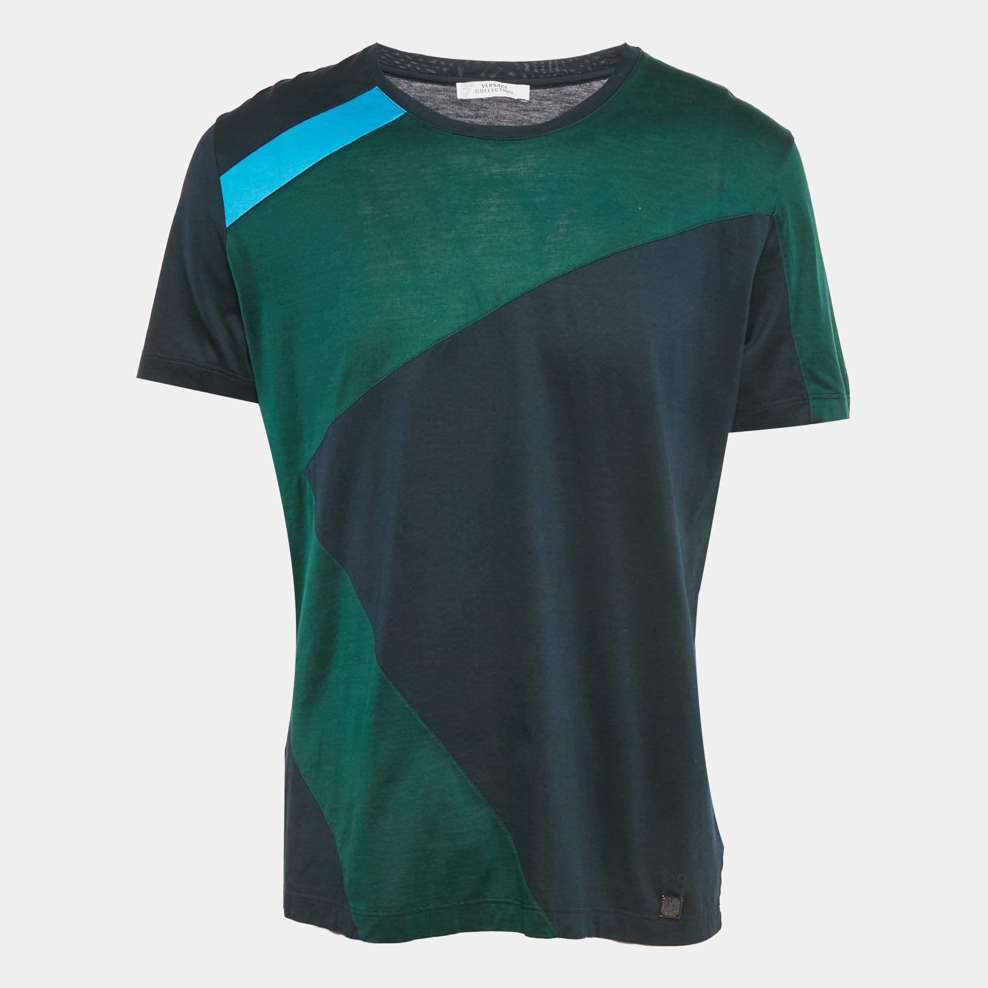 Pre Owned Versace Collection Green/Blue Jersey Crew Neck T-Shirt XL