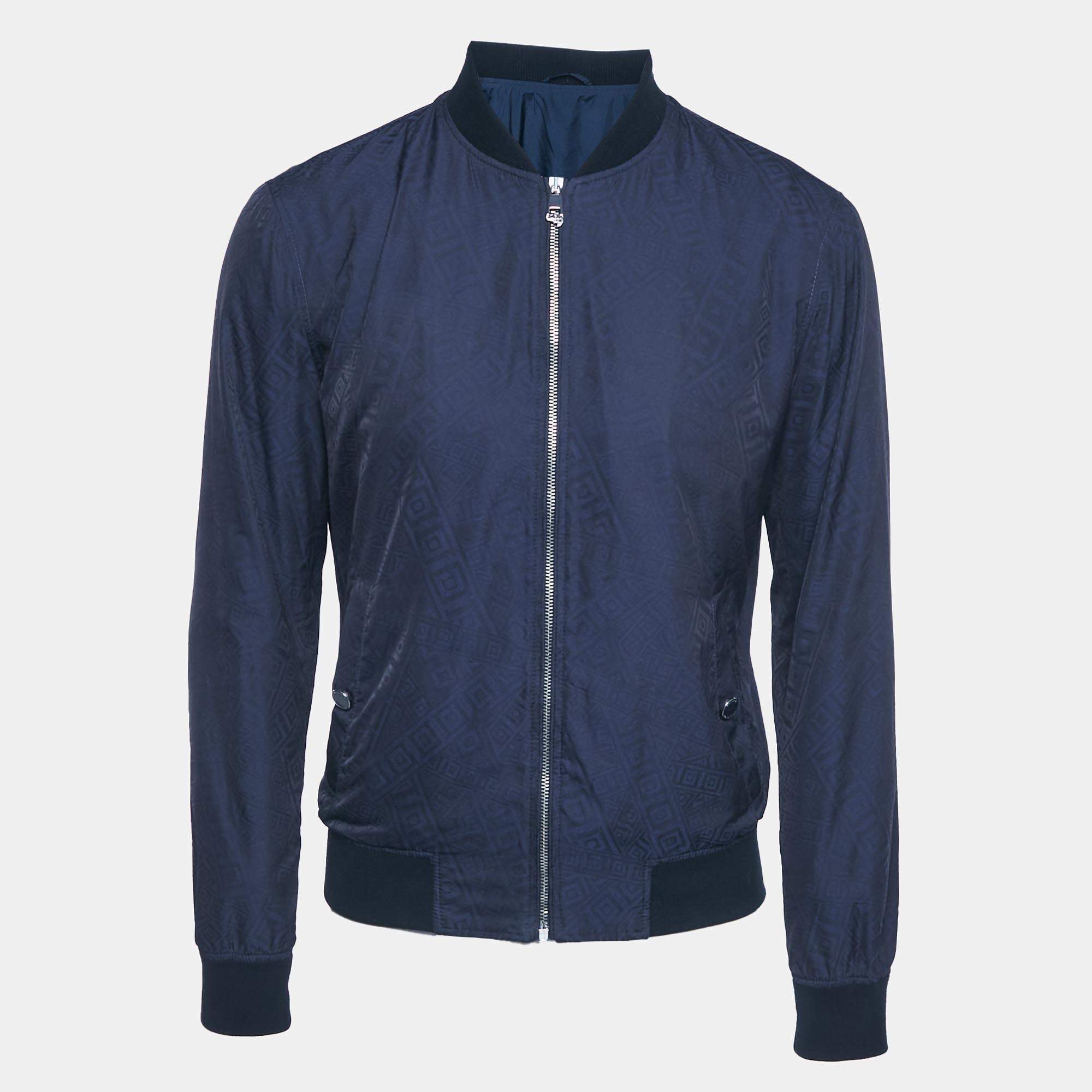 Pre Owned Versace Collection Blue Printed Nylon Bomber Jacket S