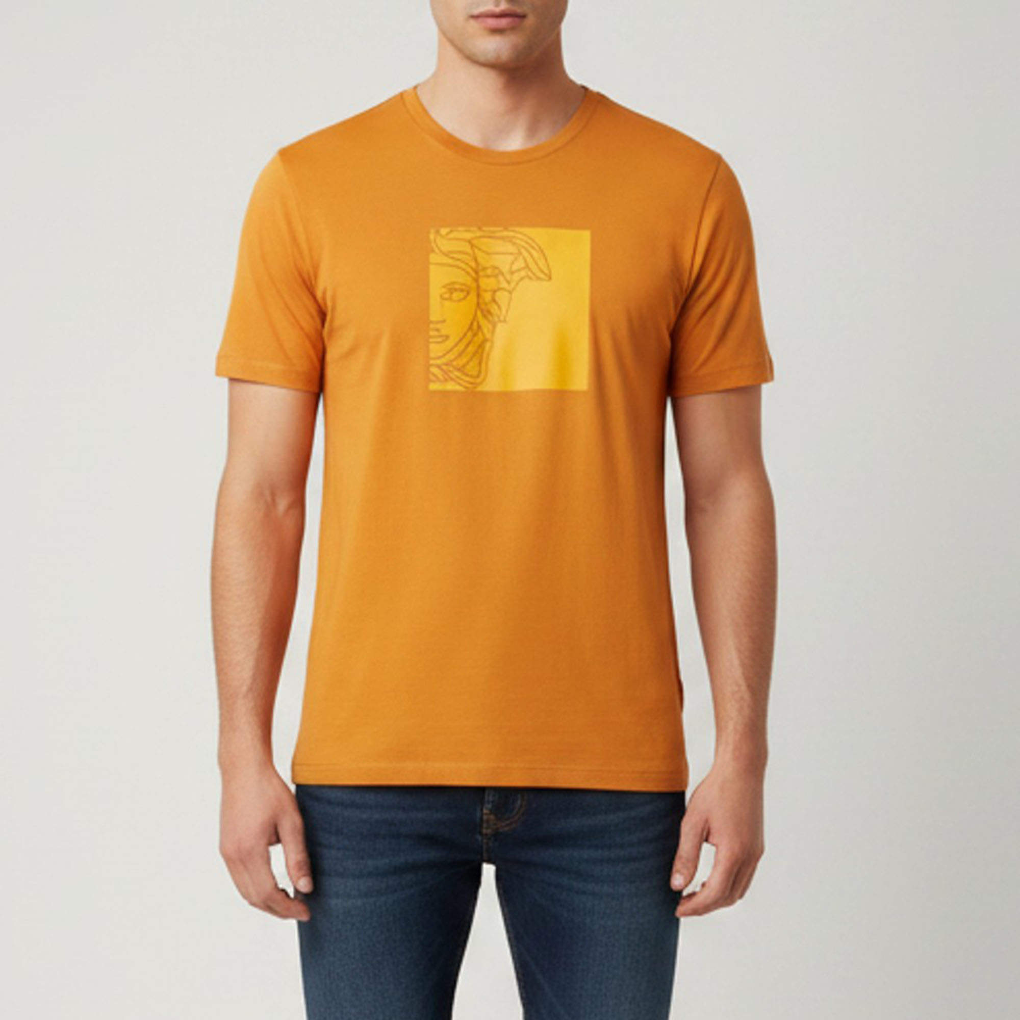 Pre Owned Versace Collection Orange Medusa Head Printed Cotton Crewneck T-Shirt XL